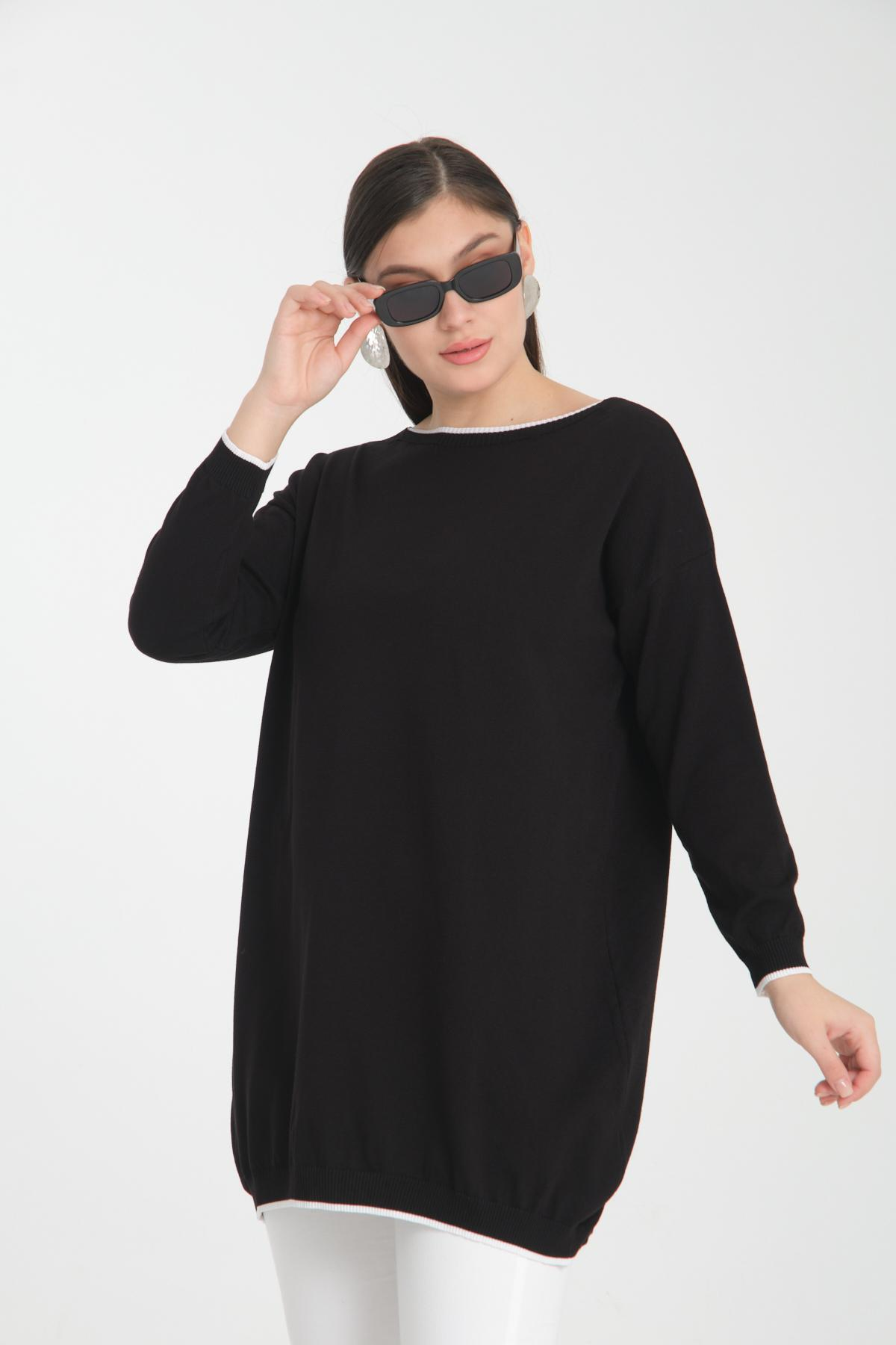 Wholesale Women Black Garnished Boat Neck Knit Blouse 722653