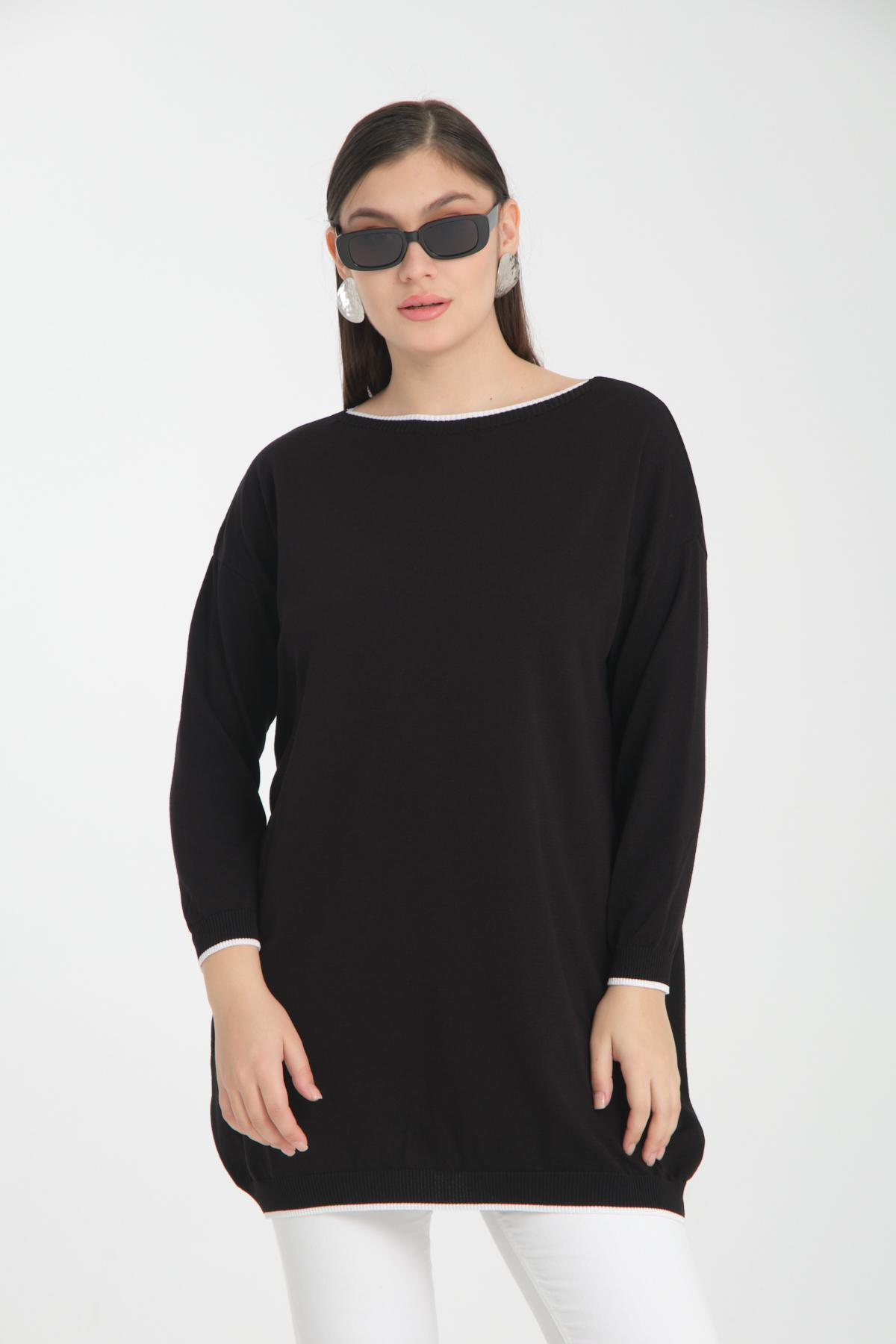 Wholesale Women Black Garnished Boat Neck Knit Blouse 722653