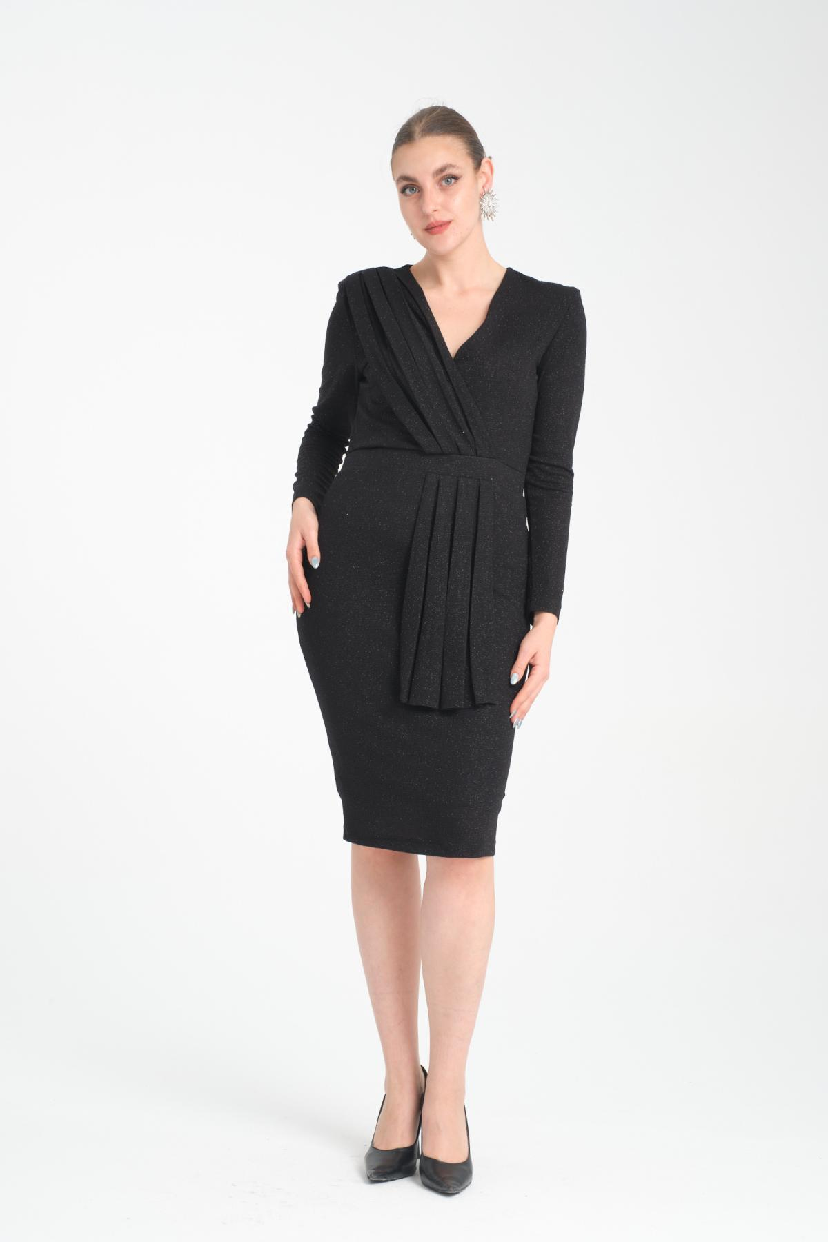 Wholesale Women Black Gathered Shoulder V Neck Lurex Dress 719930