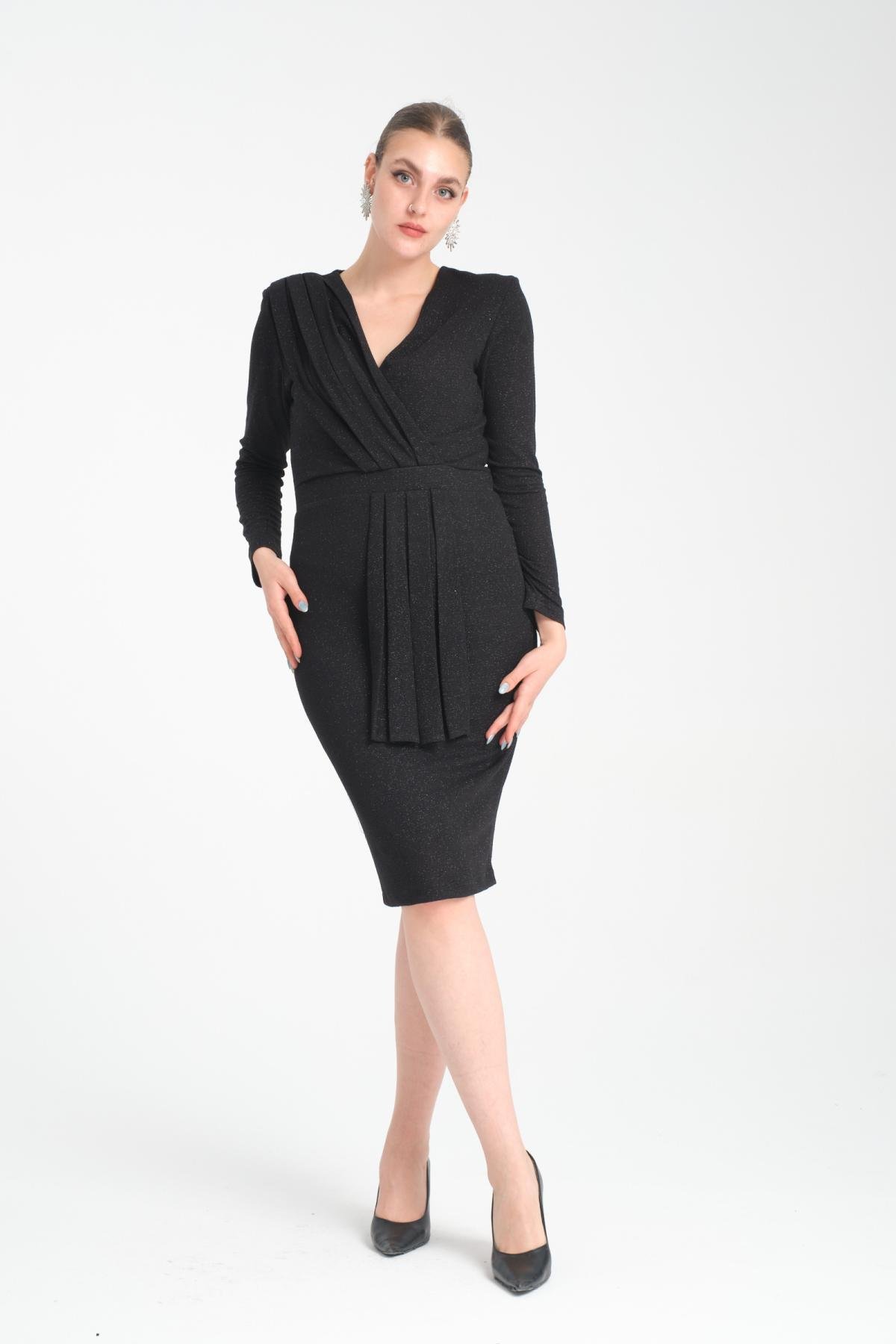 Wholesale Women Black Gathered Shoulder V Neck Lurex Dress 719930