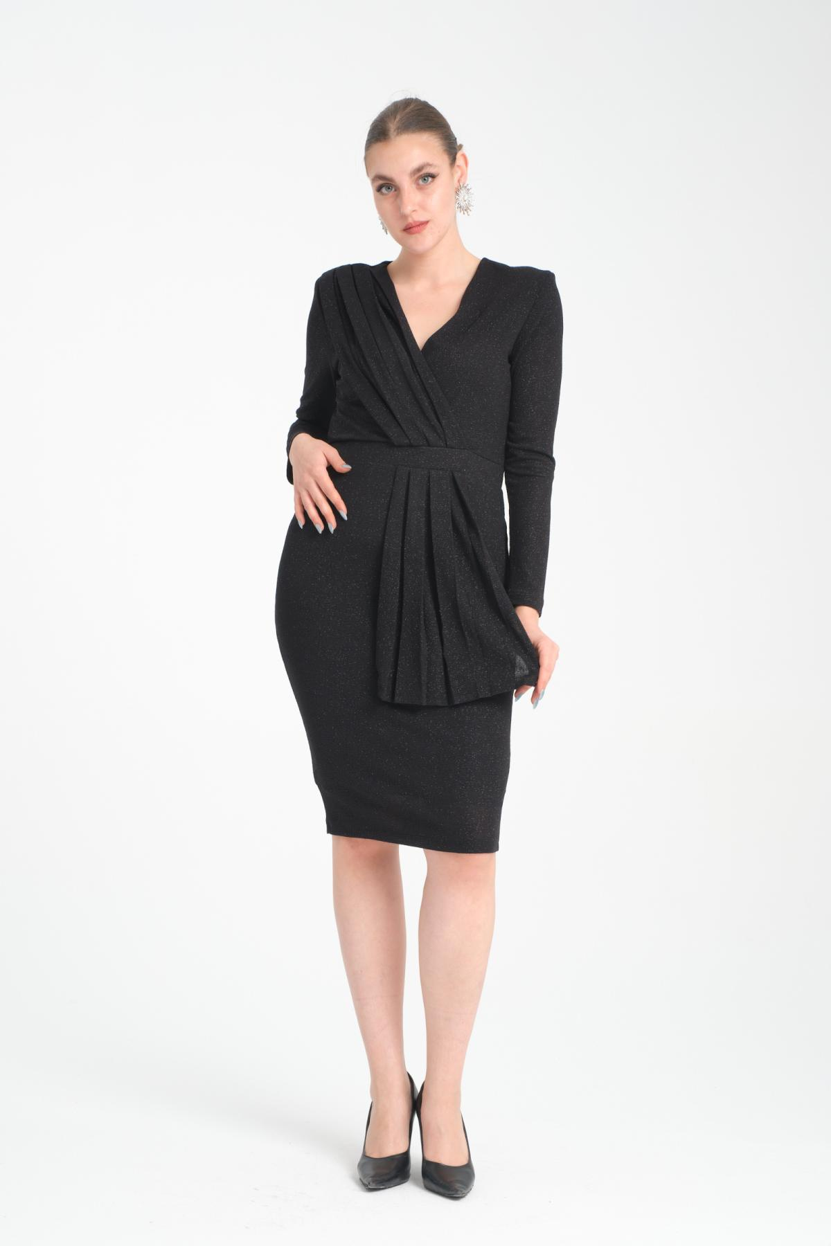 Wholesale Women Black Gathered Shoulder V Neck Lurex Dress 719930