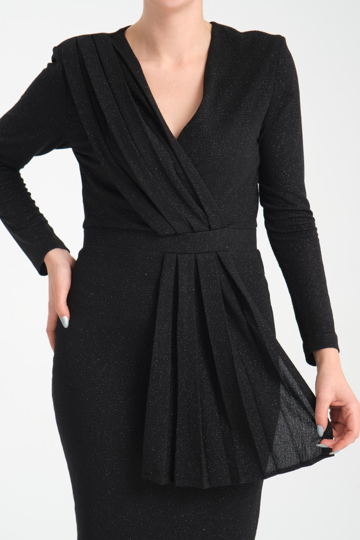 Wholesale Women Black Gathered Shoulder V Neck Lurex Dress 719930