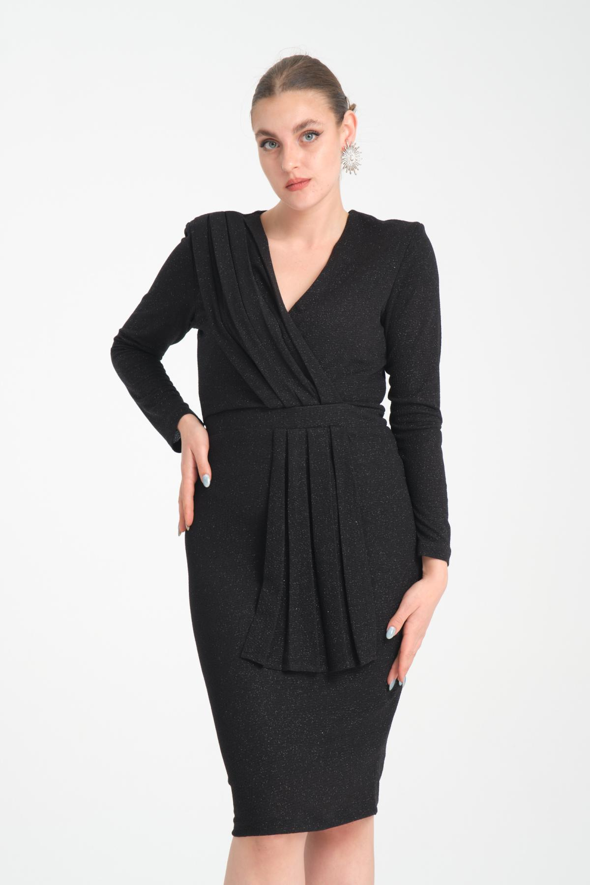 Wholesale Women Black Gathered Shoulder V Neck Lurex Dress 719930