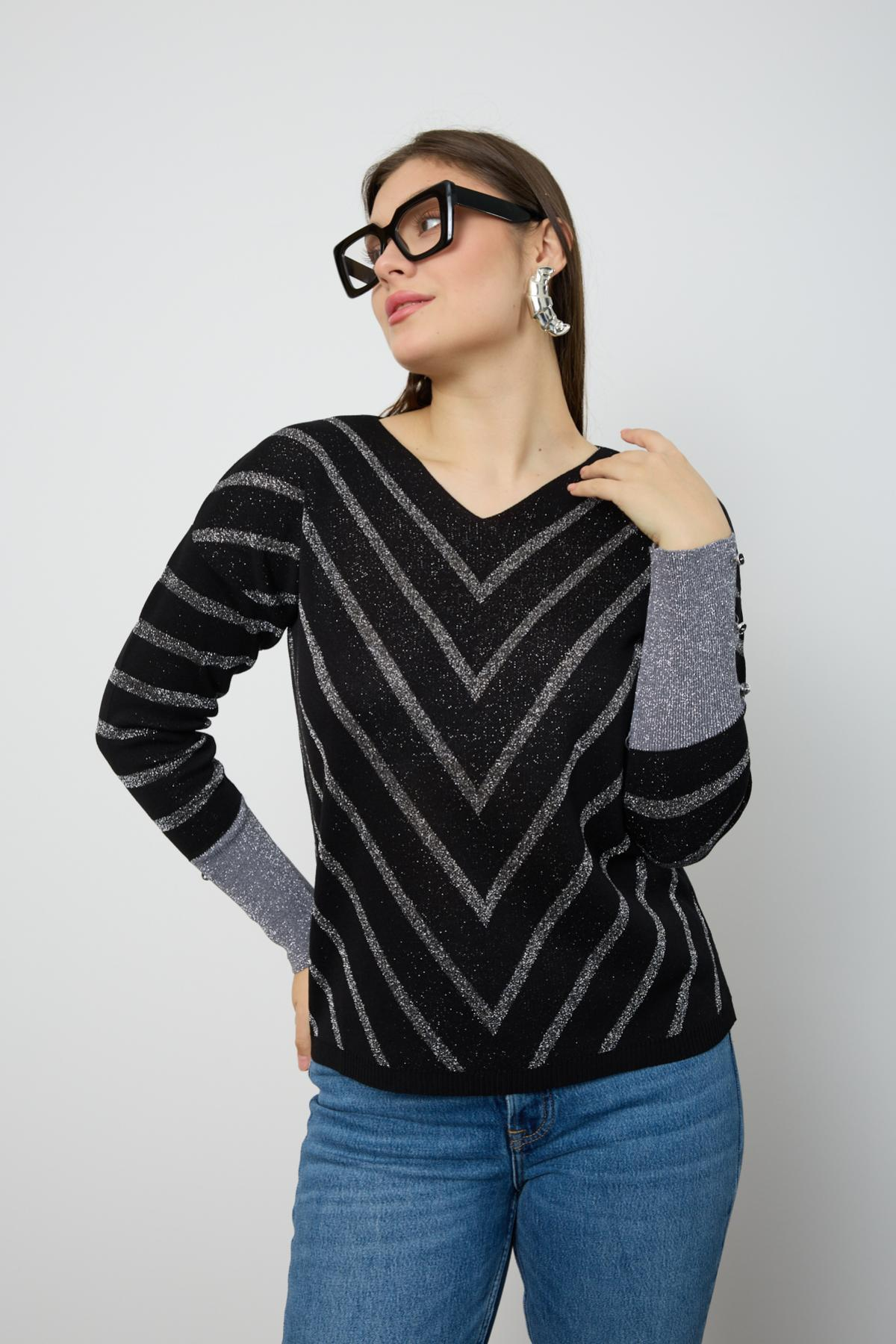 Wholesale Women Black Glitter V Neck Knit Blouse with Buttons on Sleeves 724817