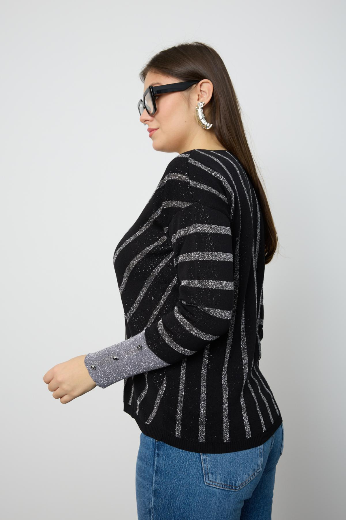 Wholesale Women Black Glitter V Neck Knit Blouse with Buttons on Sleeves 724817