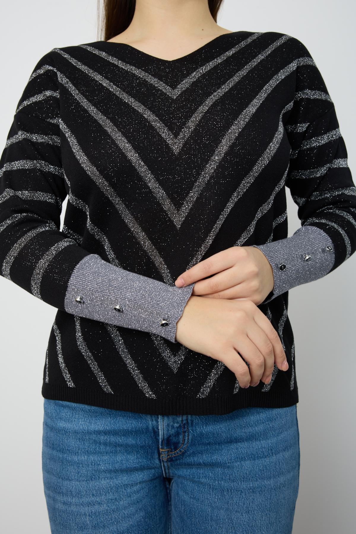 Wholesale Women Black Glitter V Neck Knit Blouse with Buttons on Sleeves 724817