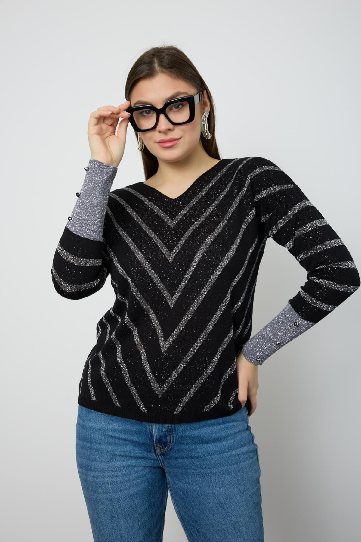 Wholesale Women Black Glitter V Neck Knit Blouse with Buttons on Sleeves 724817