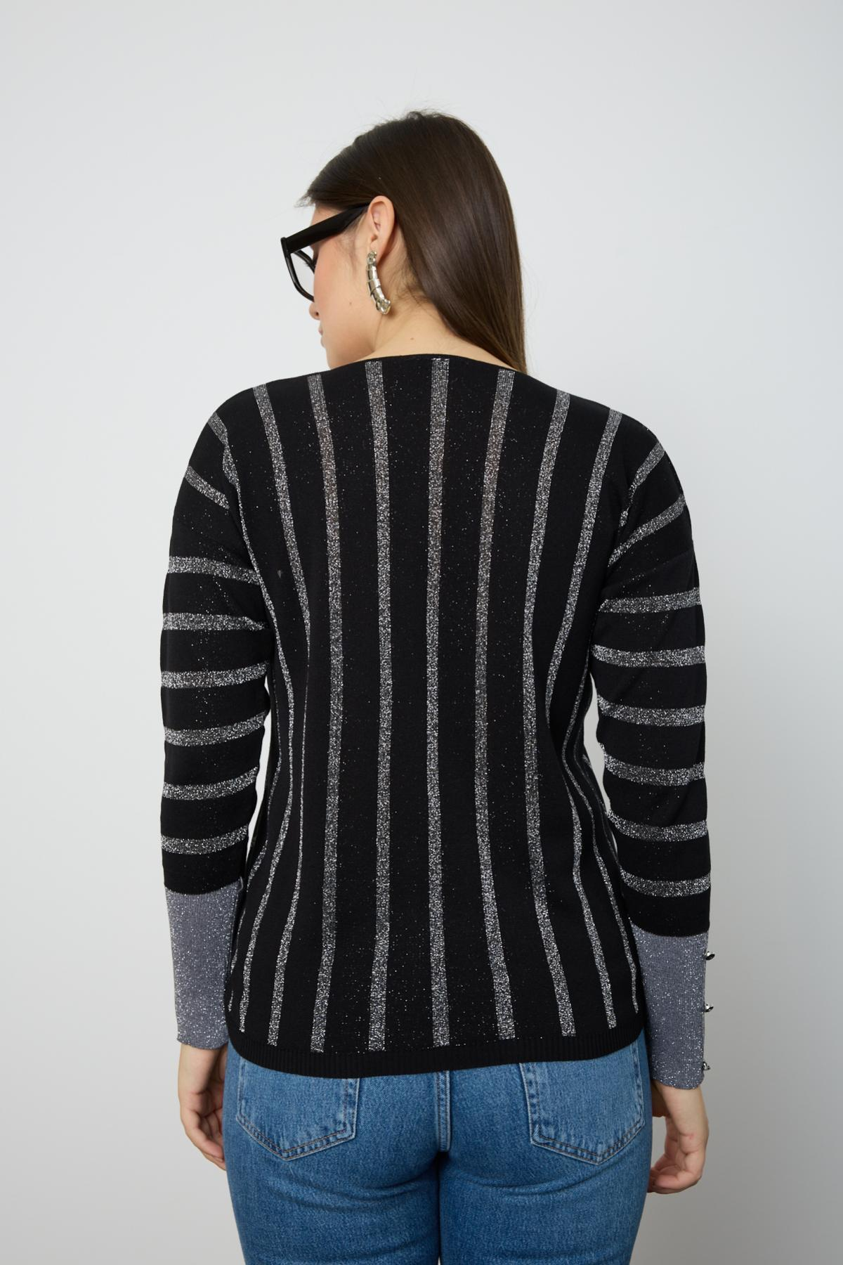Wholesale Women Black Glitter V Neck Knit Blouse with Buttons on Sleeves 724817