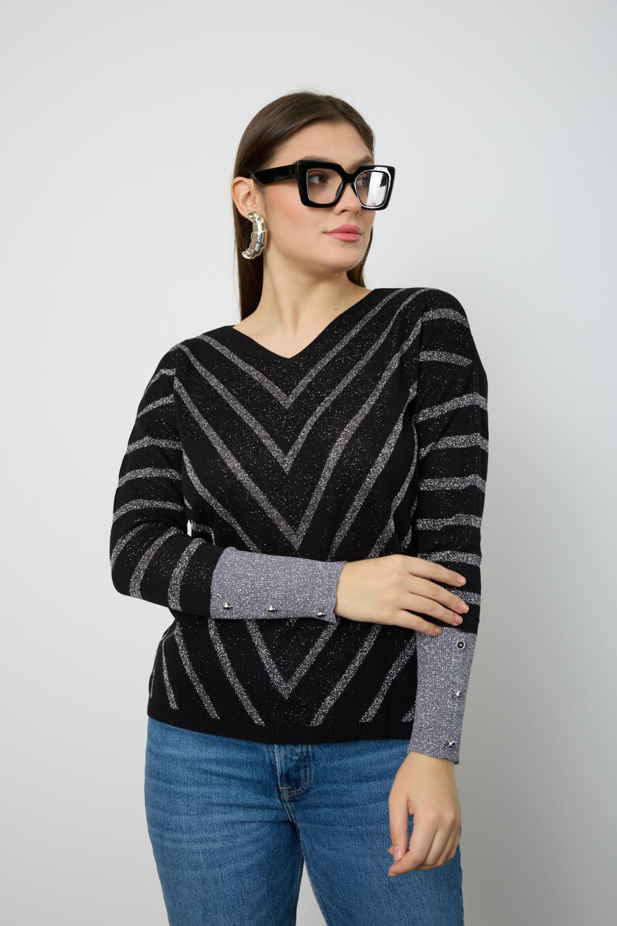 Wholesale Women Black Glitter V Neck Knit Blouse with Buttons on Sleeves 724817