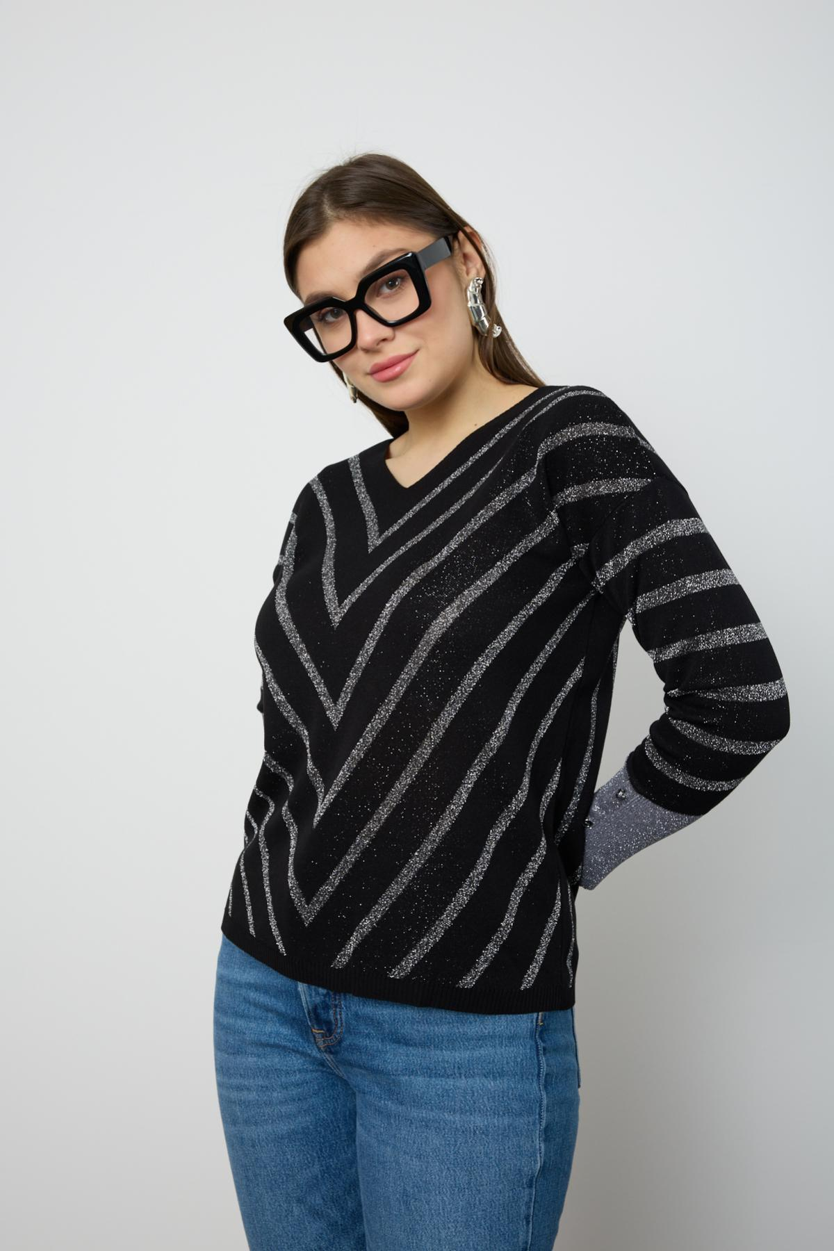Wholesale Women Black Glitter V Neck Knit Blouse with Buttons on Sleeves 724817