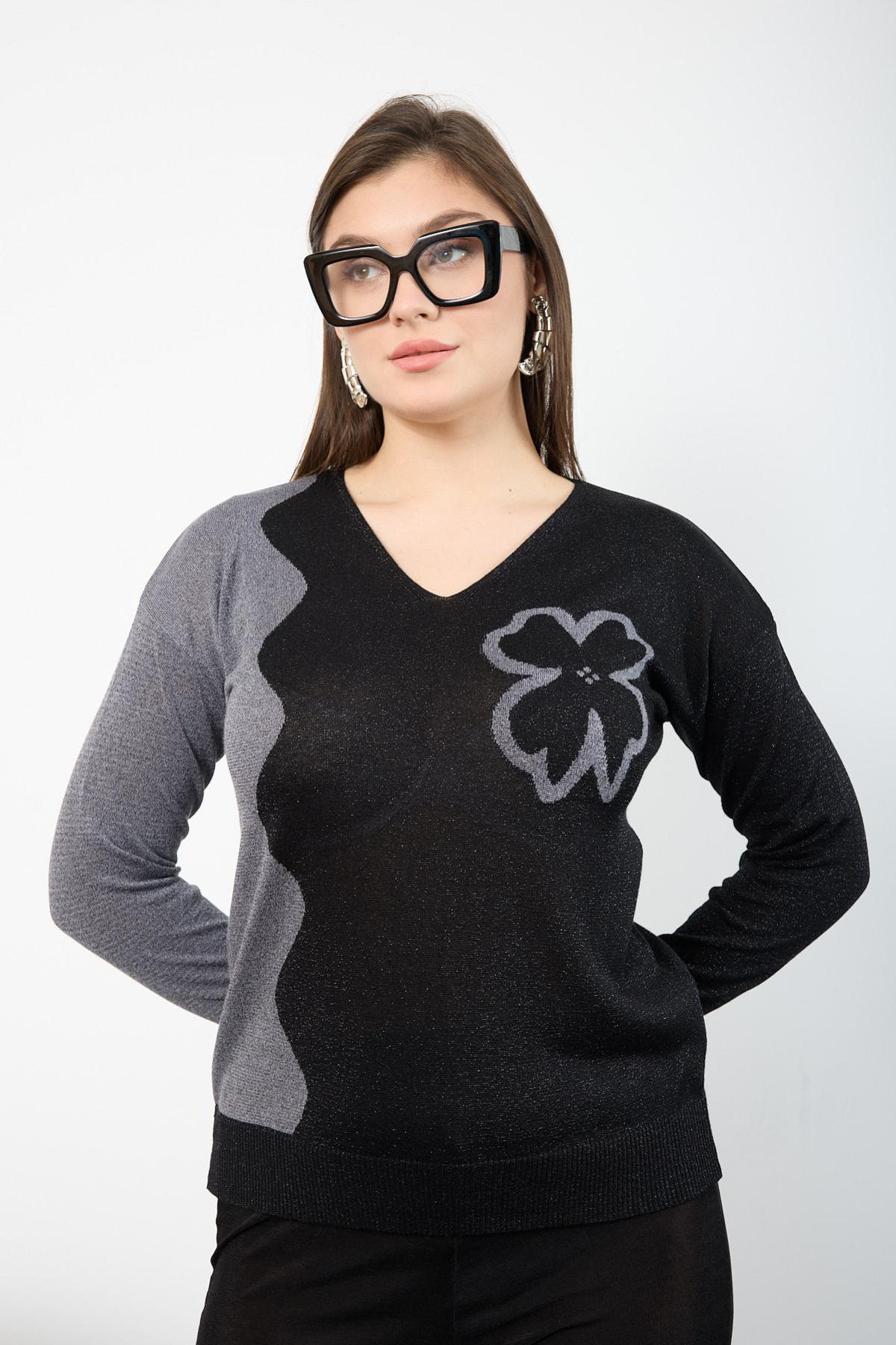 Wholesale Women Black-Gray Two Tone Glittery V-Neck Knit Blouse 725233