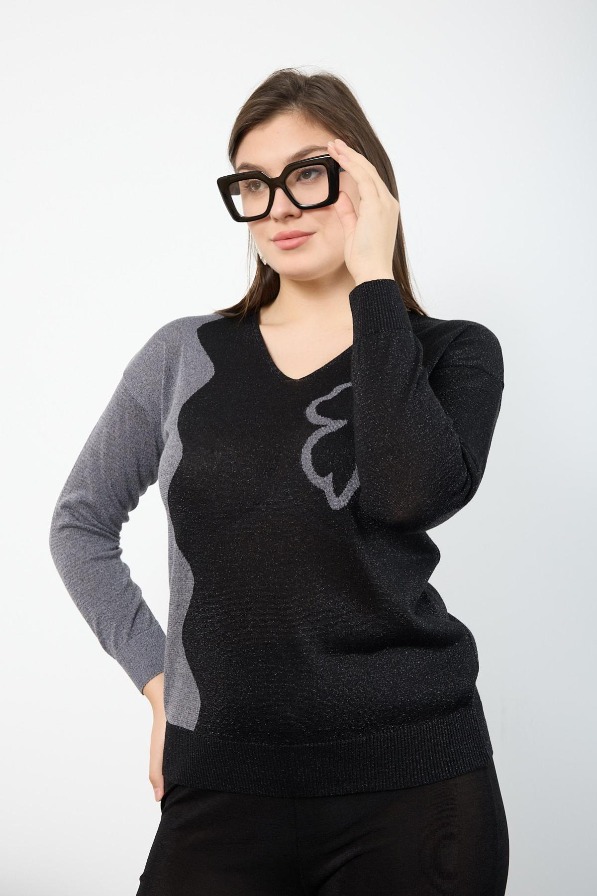 Wholesale Women Black-Gray Two Tone Glittery V-Neck Knit Blouse 725233