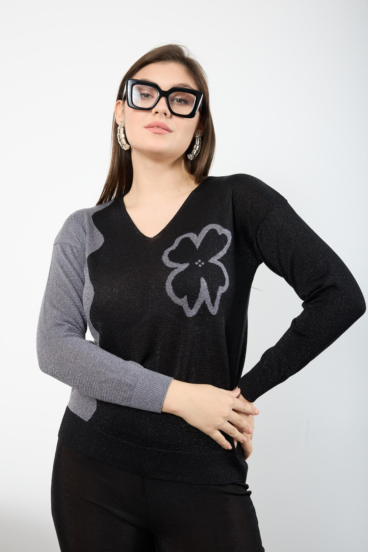 Wholesale Women Black-Gray Two Tone Glittery V-Neck Knit Blouse 725233