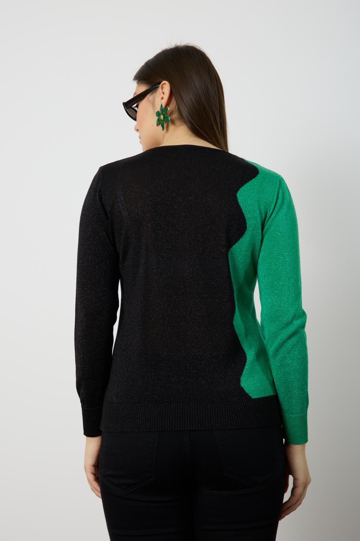 Wholesale Women Black-Green Two Tone Glittery V-Neck Knit Blouse 724829