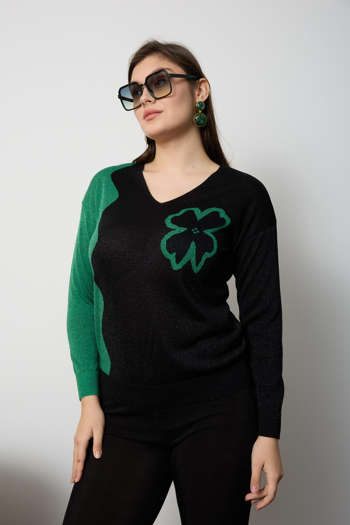 Wholesale Women Black-Green Two Tone Glittery V-Neck Knit Blouse 725238