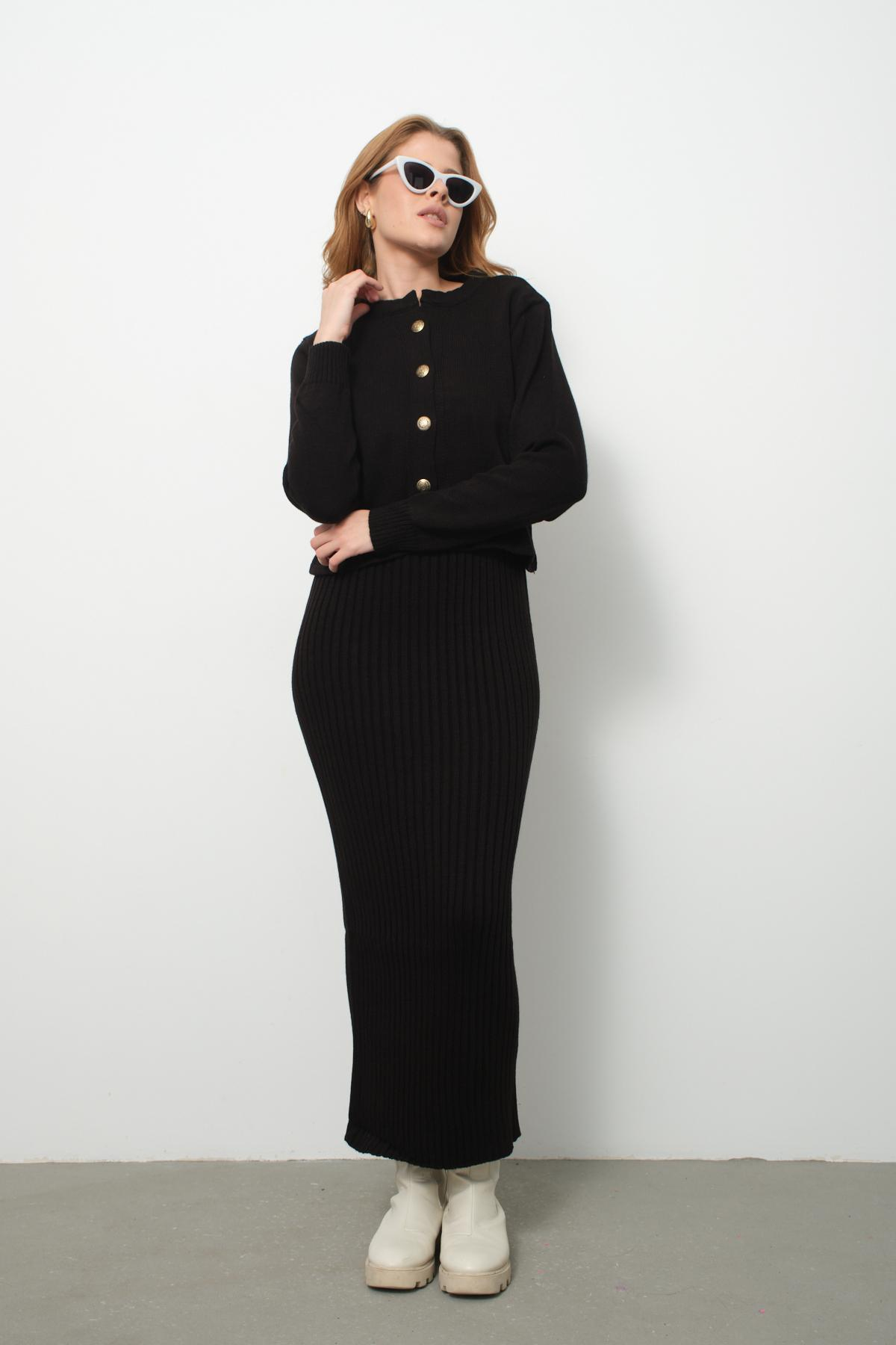 Wholesale Women Black Knitted Dress and Cardigan Set 713305