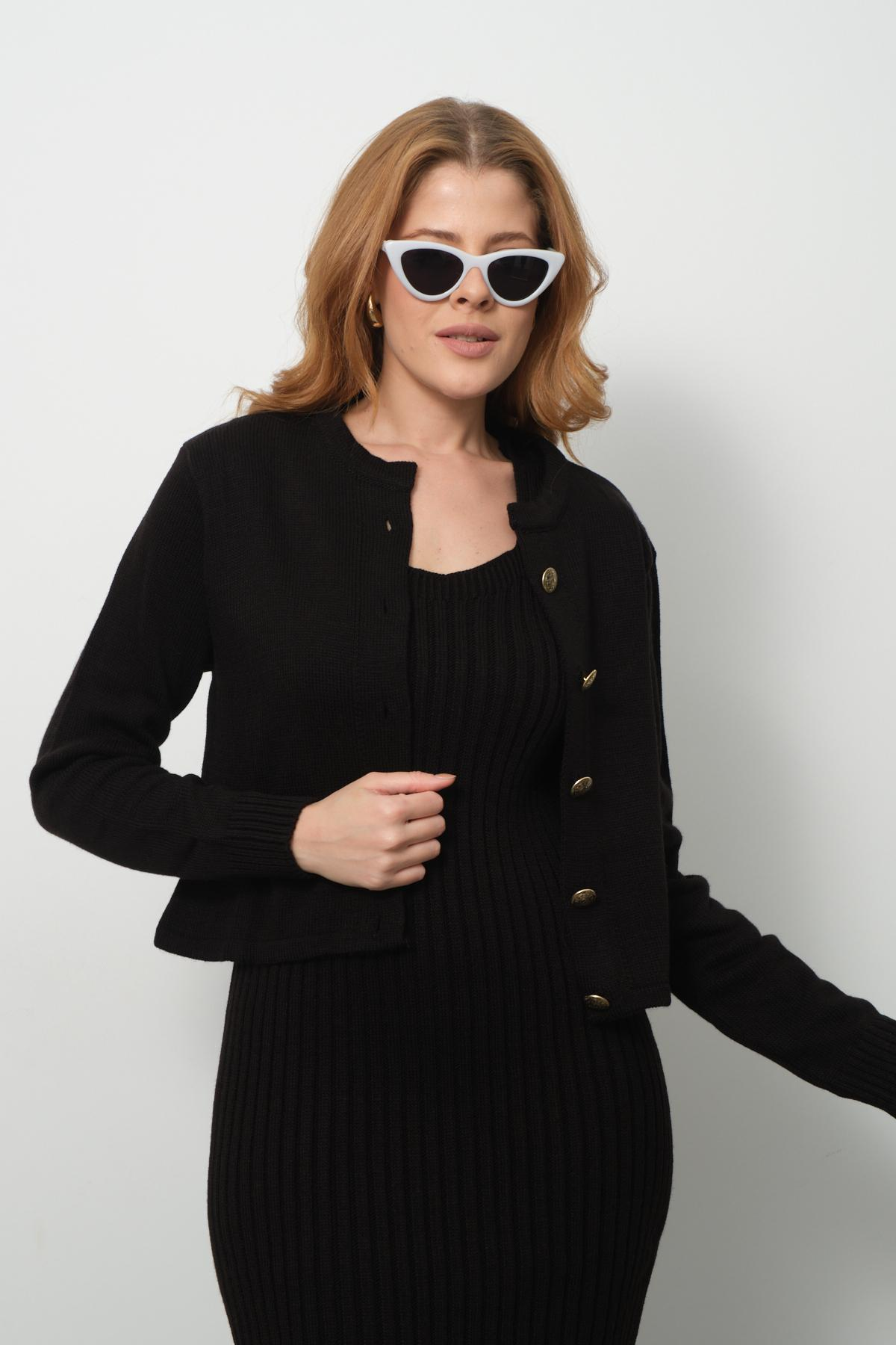 Wholesale Women Black Knitted Dress and Cardigan Set 713305
