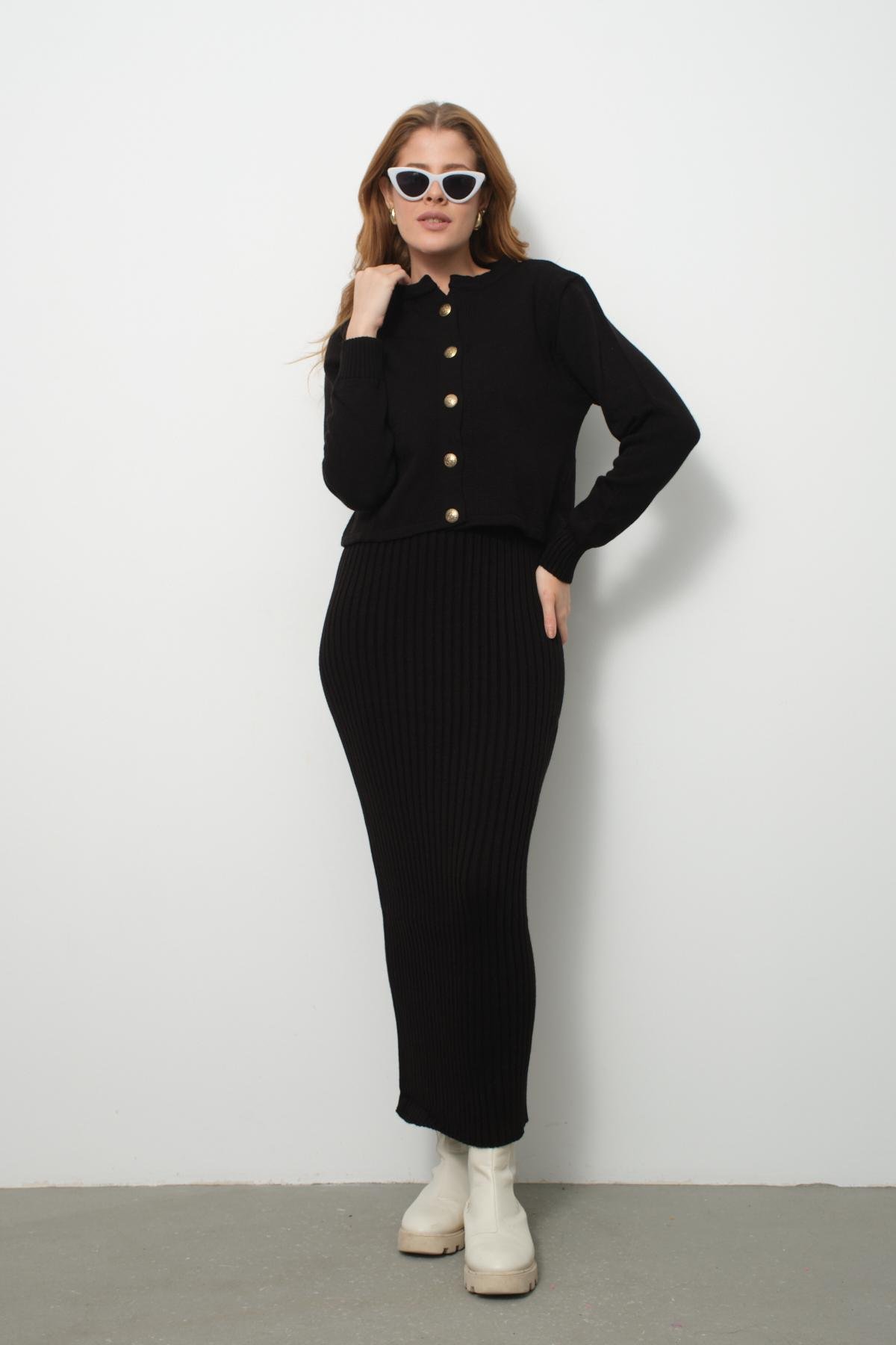 Wholesale Women Black Knitted Dress and Cardigan Set 713305