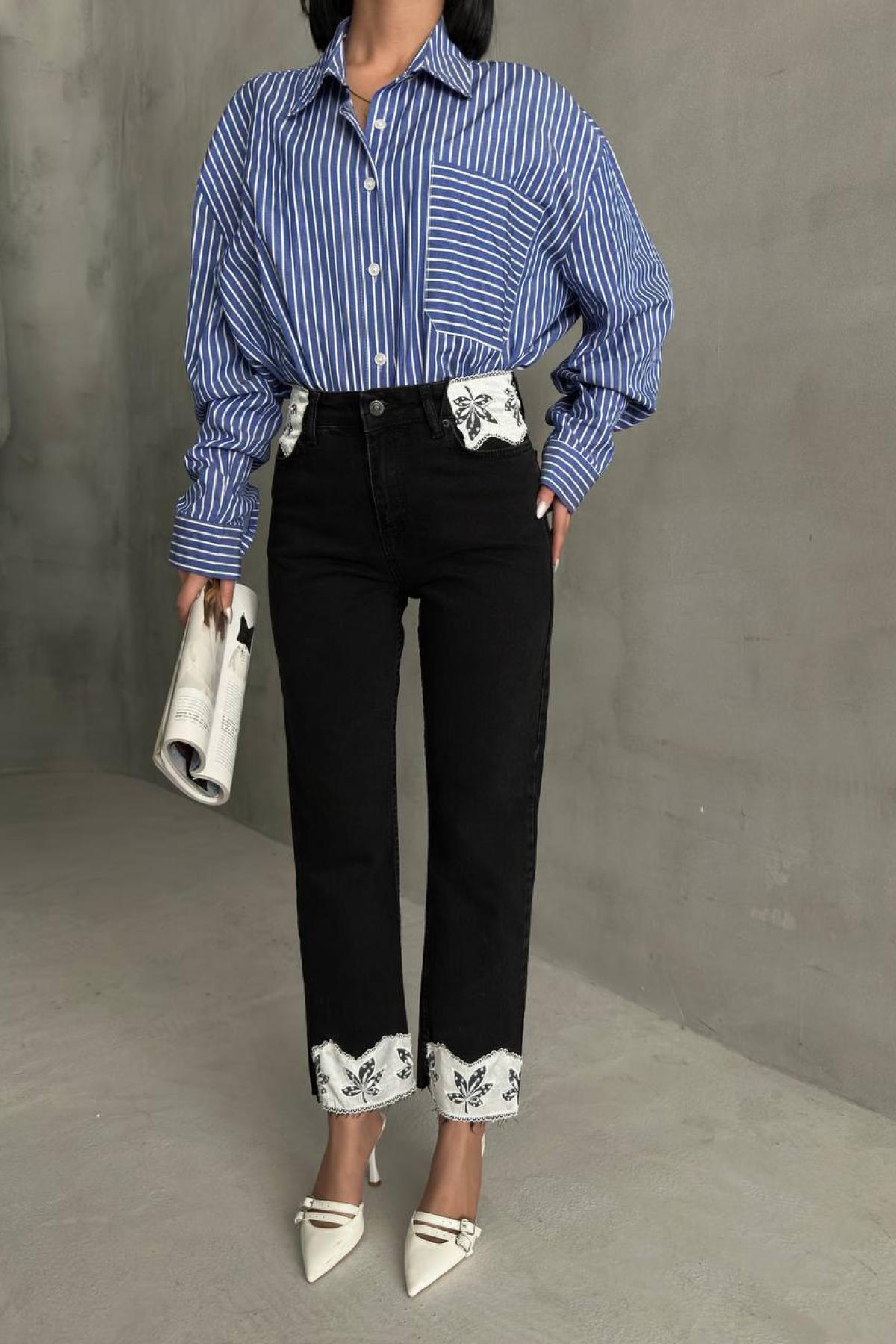 Wholesale Women Black Lace Detailed Jeans 732082