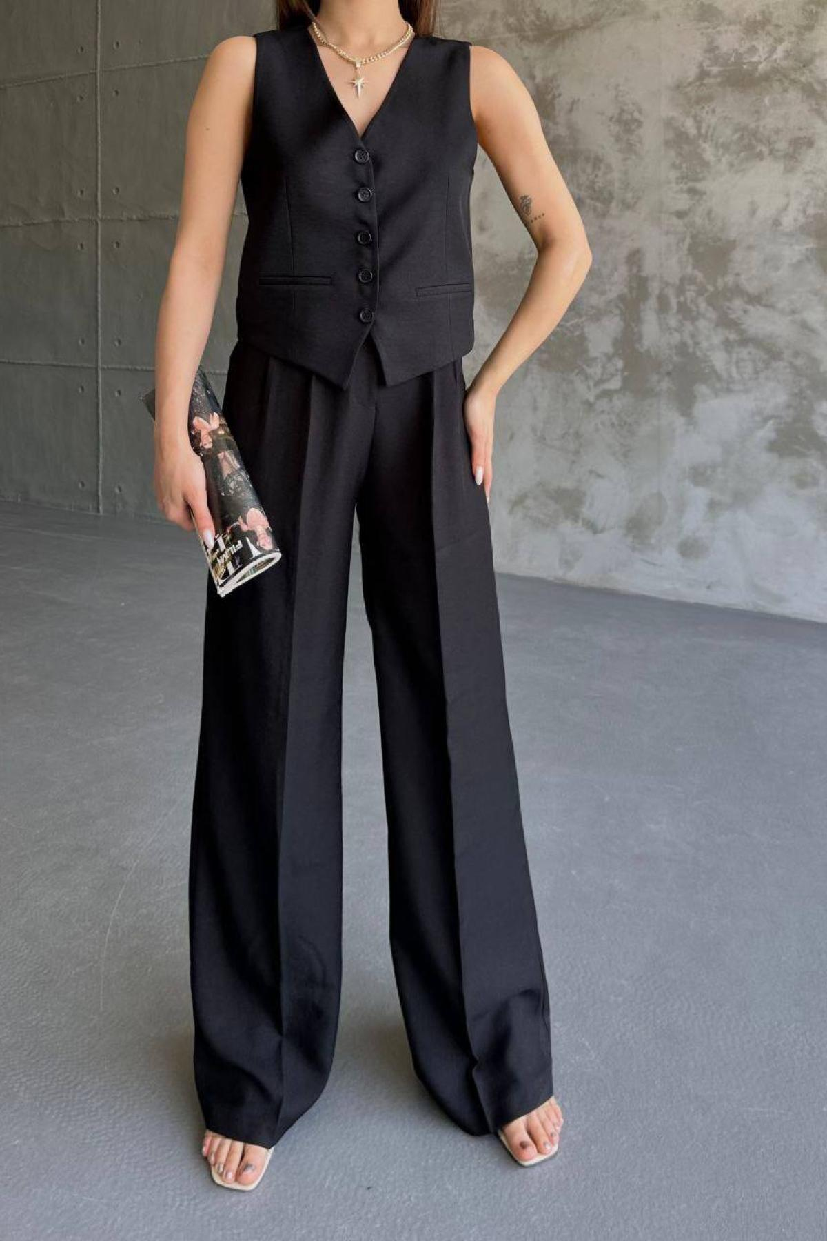 Wholesale Women Black  Linen Suit Vest and Trouser Set 730917