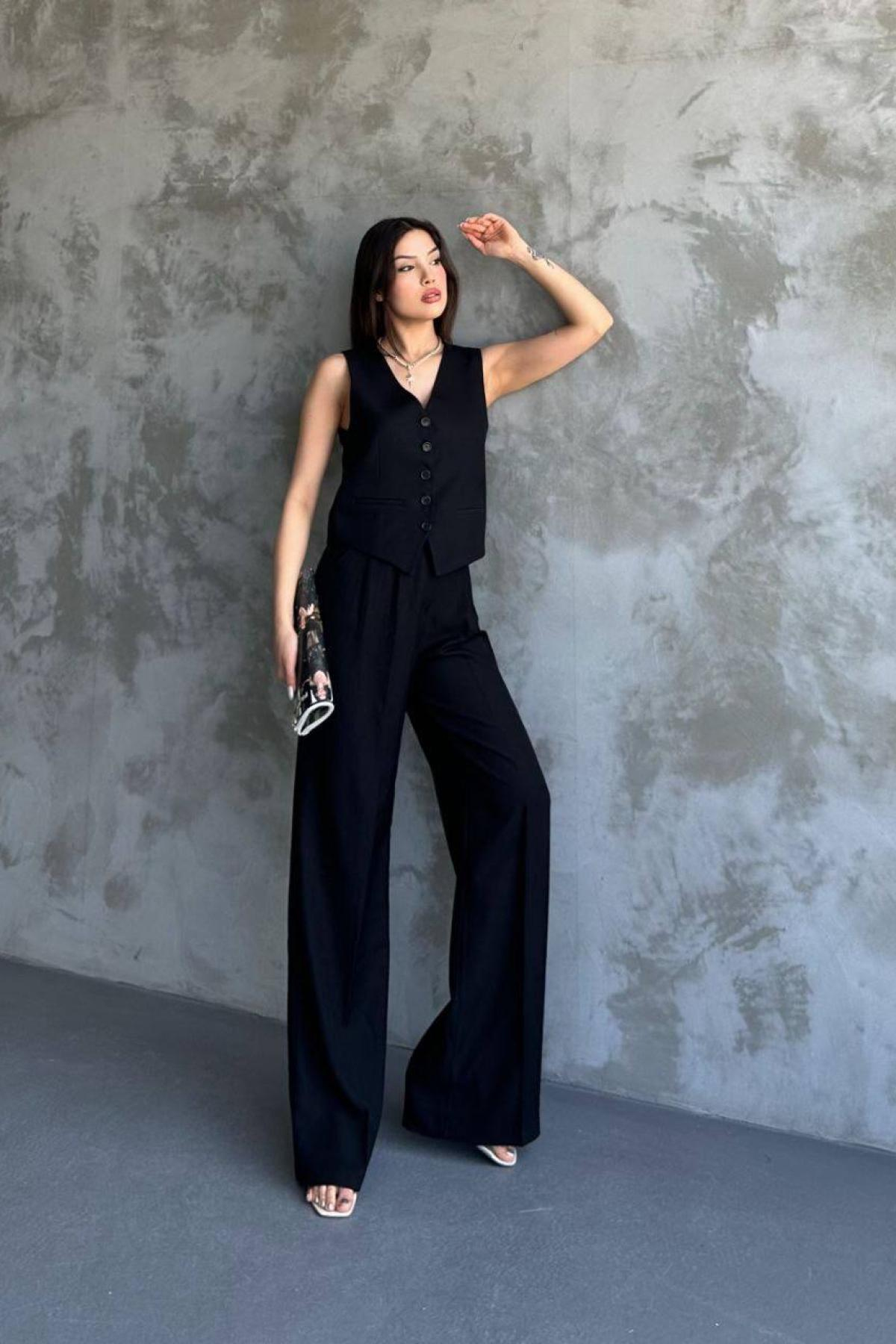 Wholesale Women Black  Linen Suit Vest and Trouser Set 730917