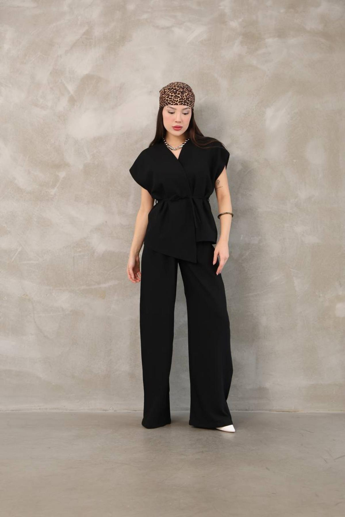 Wholesale Women Black Linen West and Pants Set 737263