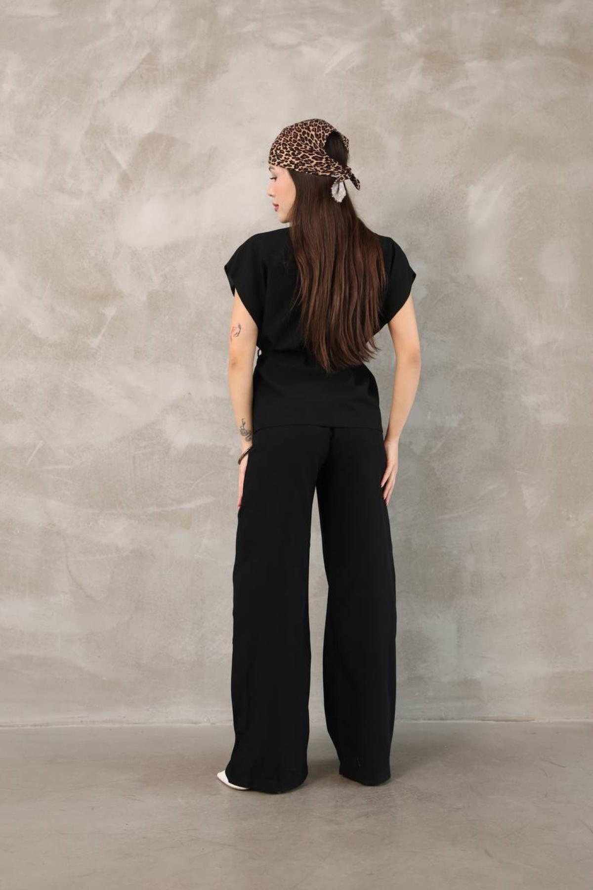 Wholesale Women Black Linen West and Pants Set 737263