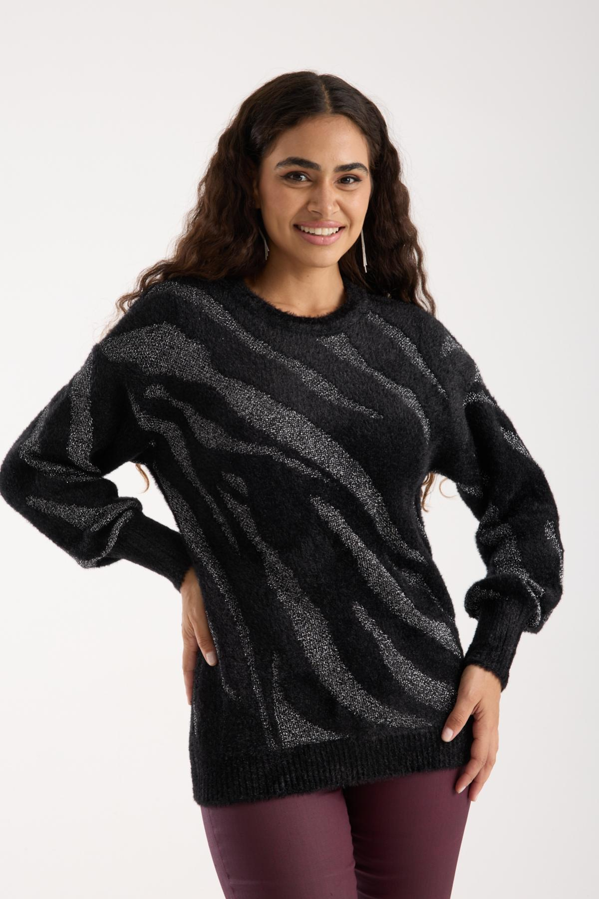 Wholesale Women Black Lurex Crew-Neck Knit Blouse with Bishop Sleeves 738860