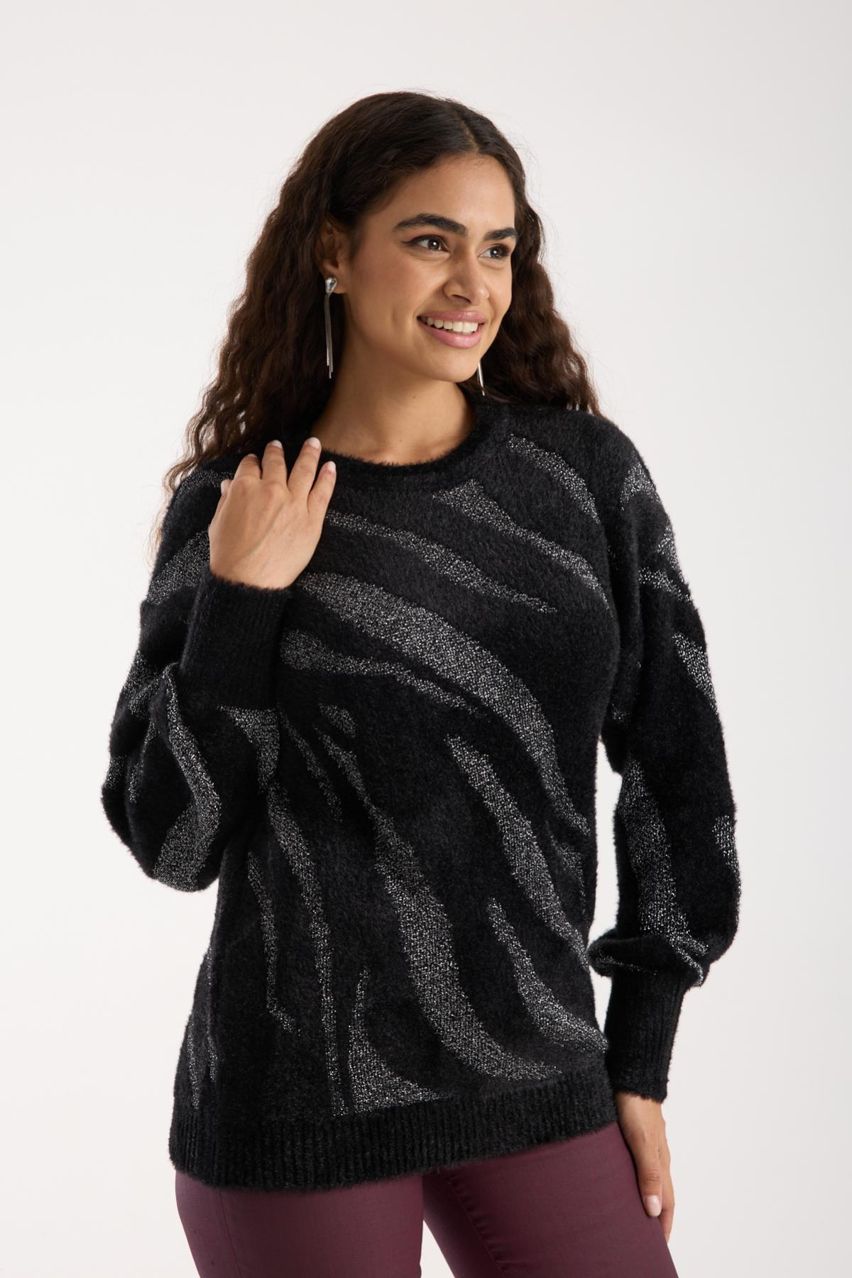 Wholesale Women Black Lurex Crew-Neck Knit Blouse with Bishop Sleeves 738860