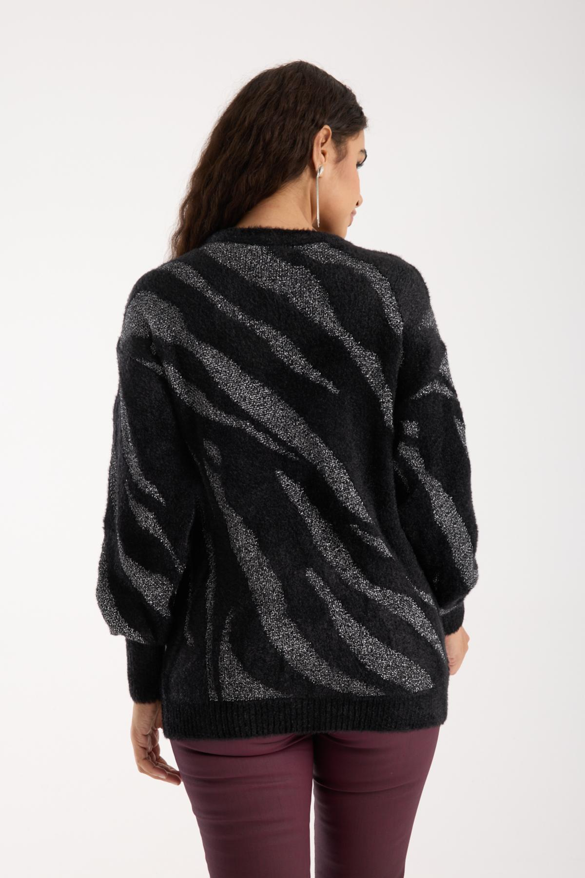 Wholesale Women Black Lurex Crew-Neck Knit Blouse with Bishop Sleeves 738860