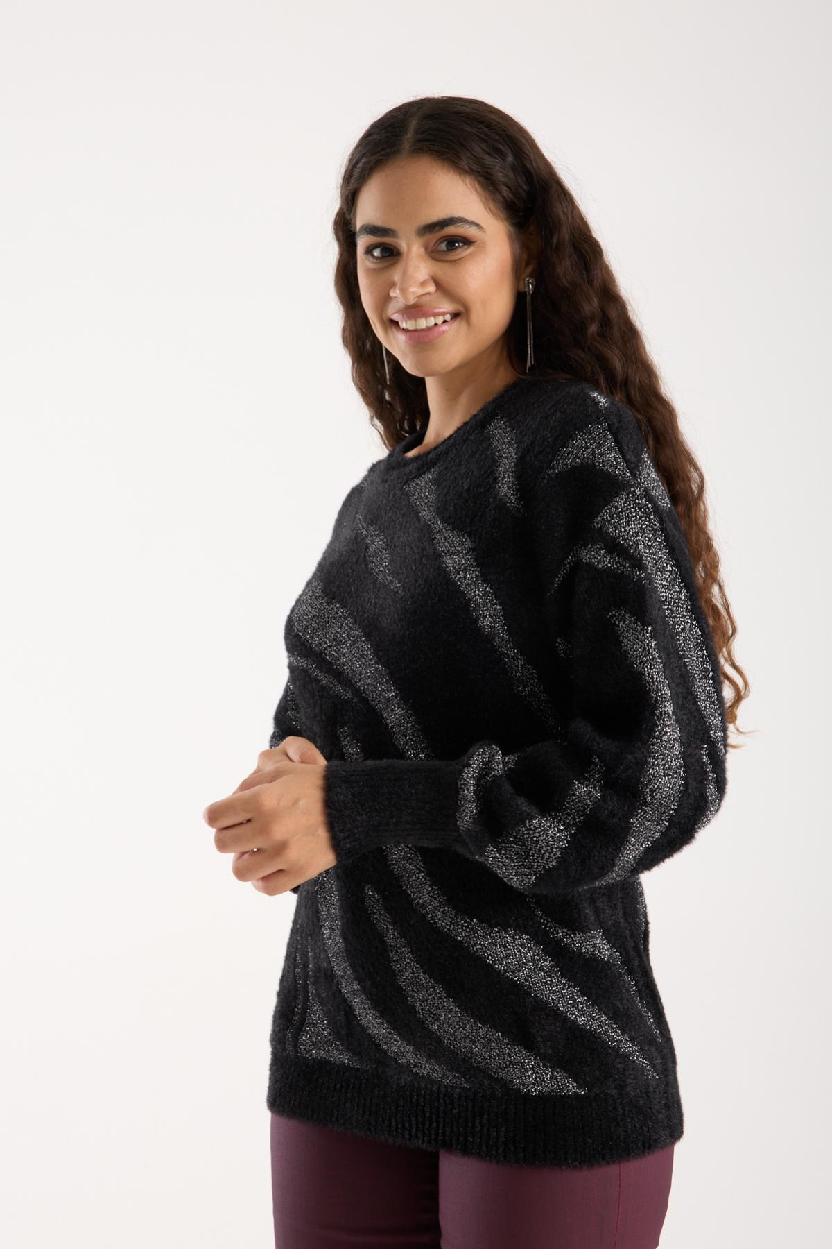 Wholesale Women Black Lurex Crew-Neck Knit Blouse with Bishop Sleeves 738860