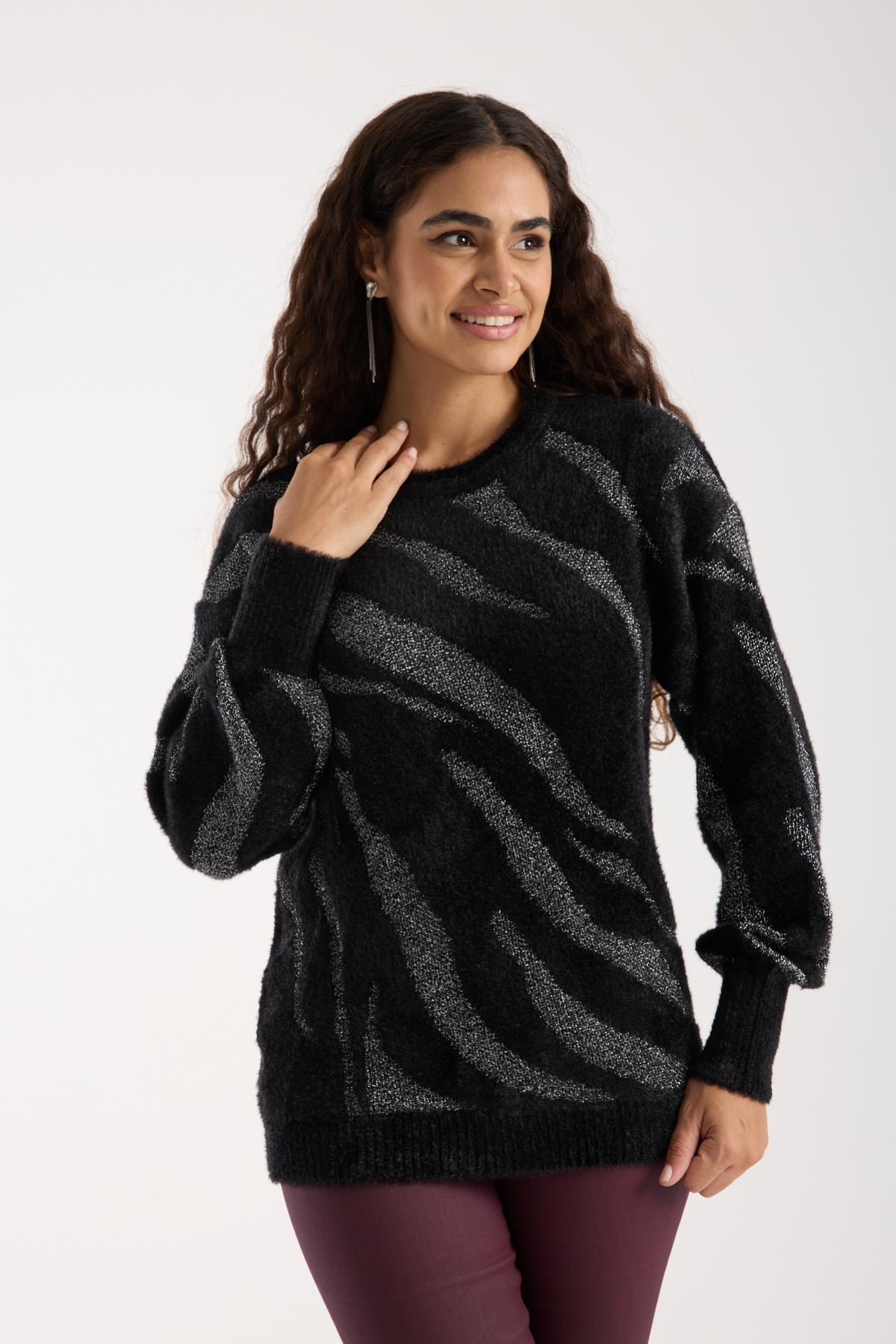 Wholesale Women Black Lurex Crew-Neck Knit Blouse with Bishop Sleeves 738860