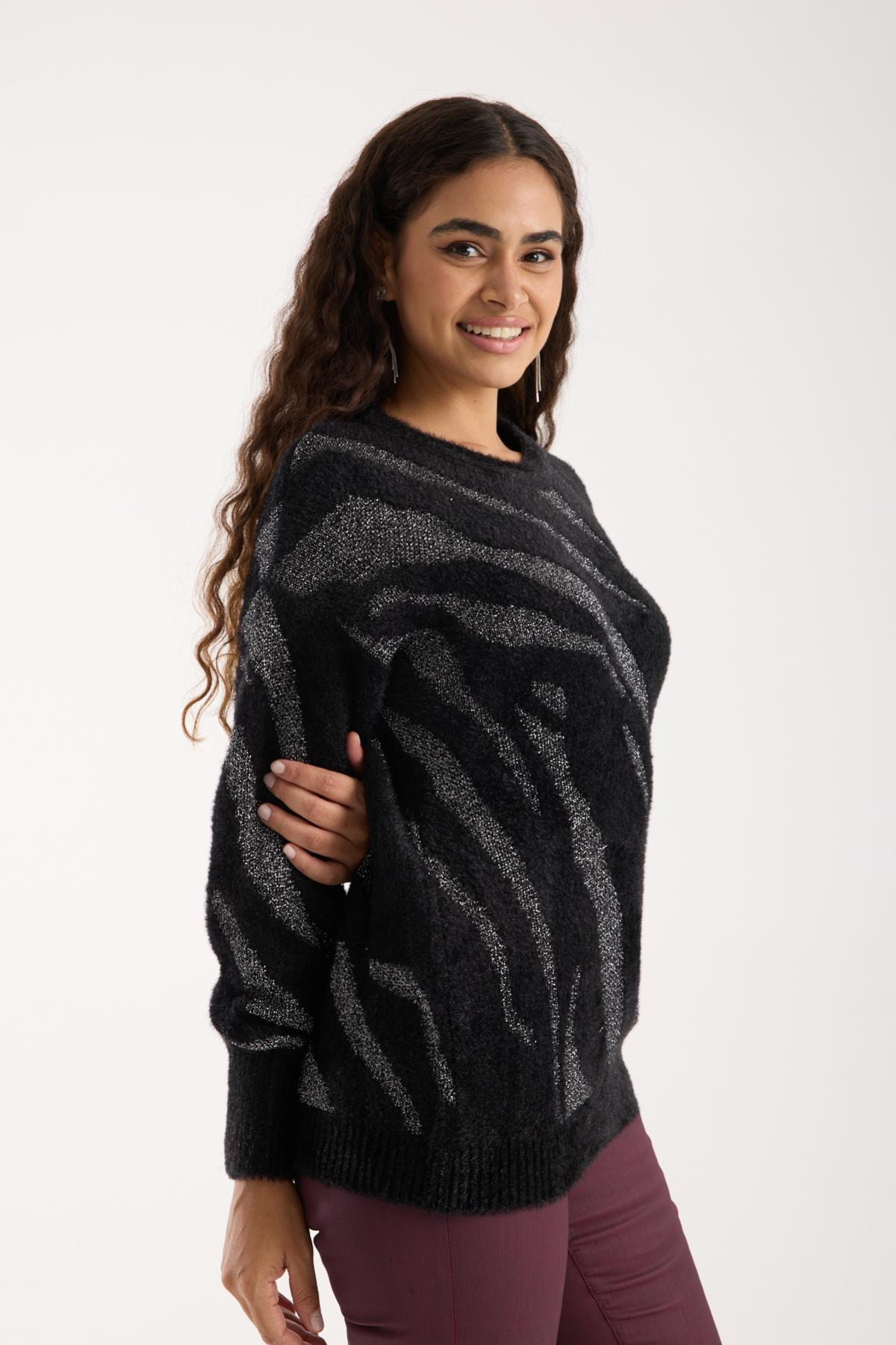 Wholesale Women Black Lurex Crew-Neck Knit Blouse with Bishop Sleeves 738860