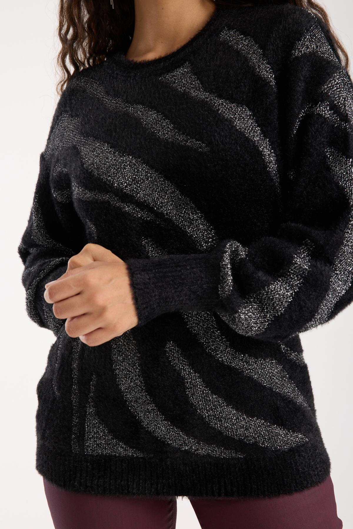 Wholesale Women Black Lurex Crew-Neck Knit Blouse with Bishop Sleeves 738860