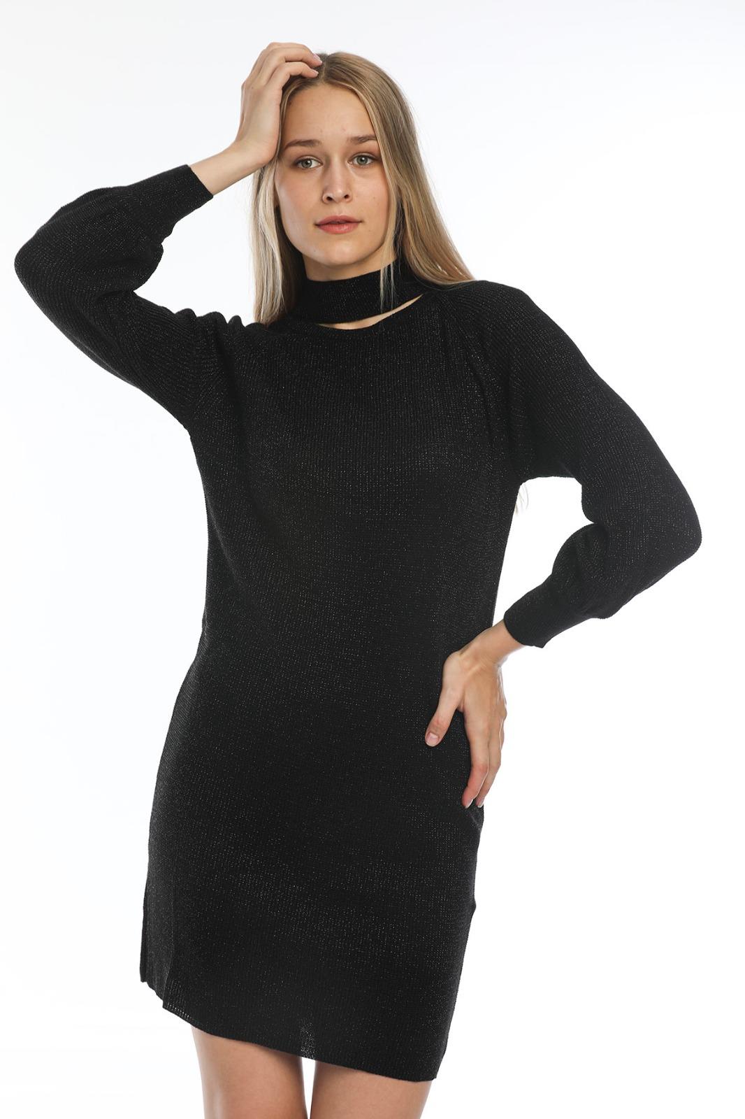 Wholesale Women Black Lurex Mock-Neck Knit Dress with Raglan Sleeves 706431