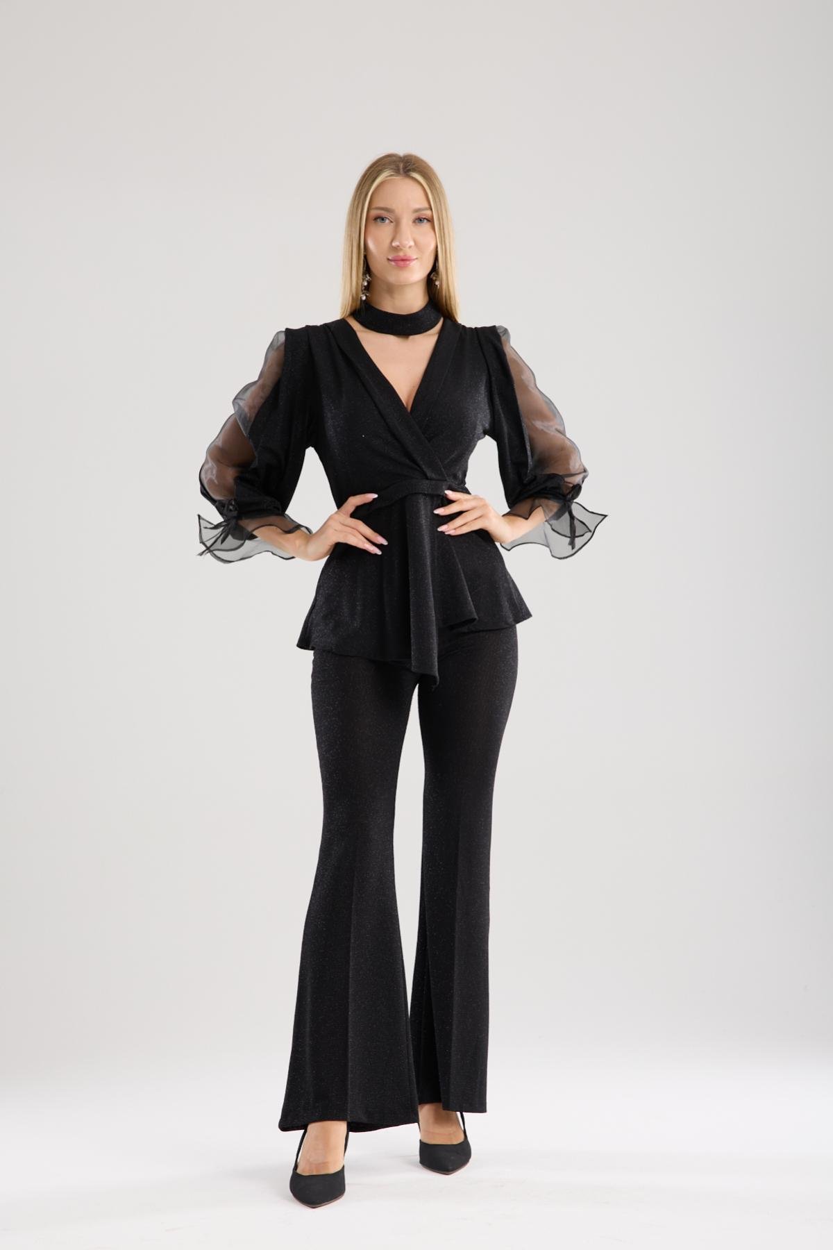 Wholesale Women Black Lurex Two-Piece Suit 733386