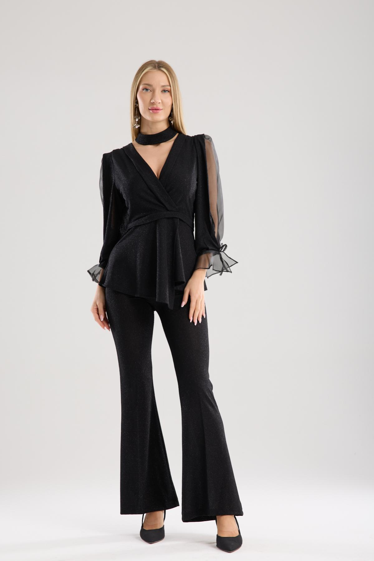 Wholesale Women Black Lurex Two-Piece Suit 733386