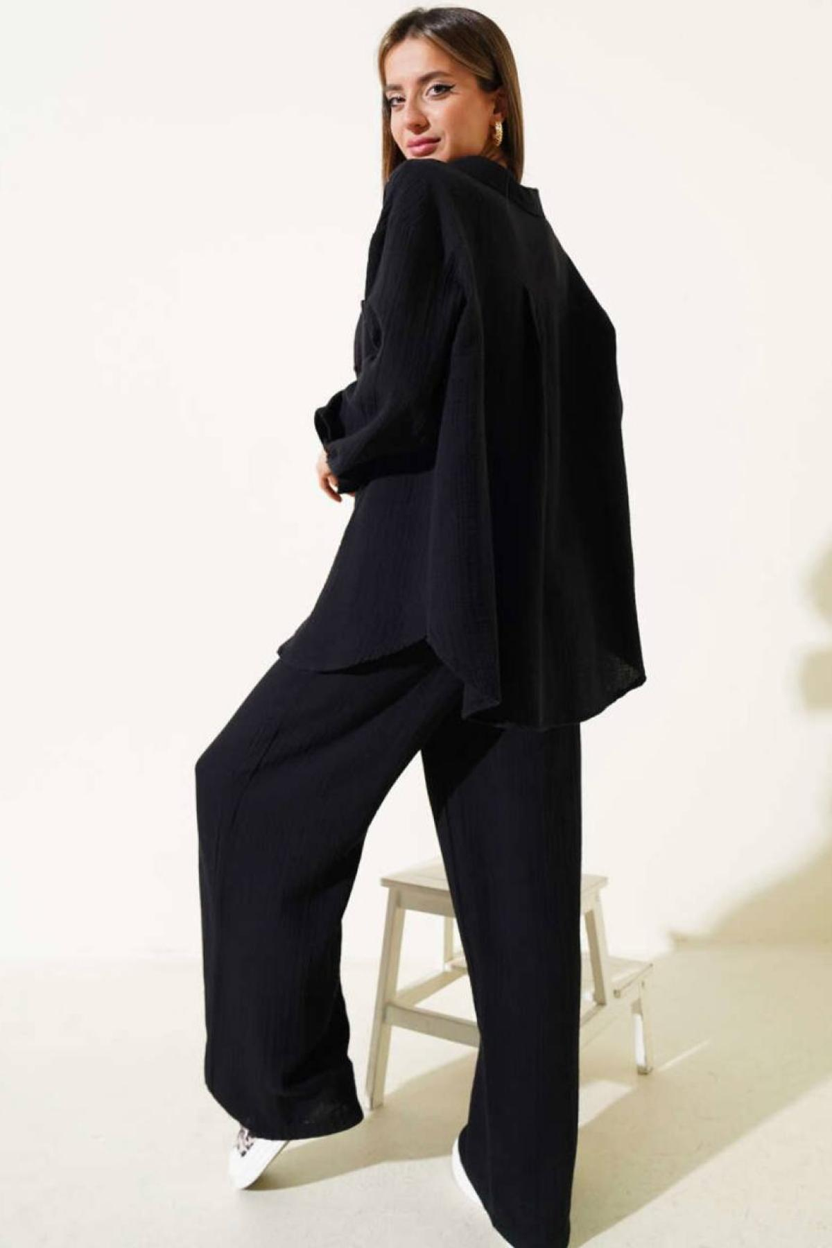 Wholesale Women Black Muslin Fabric Shirt Trouser Set 731150