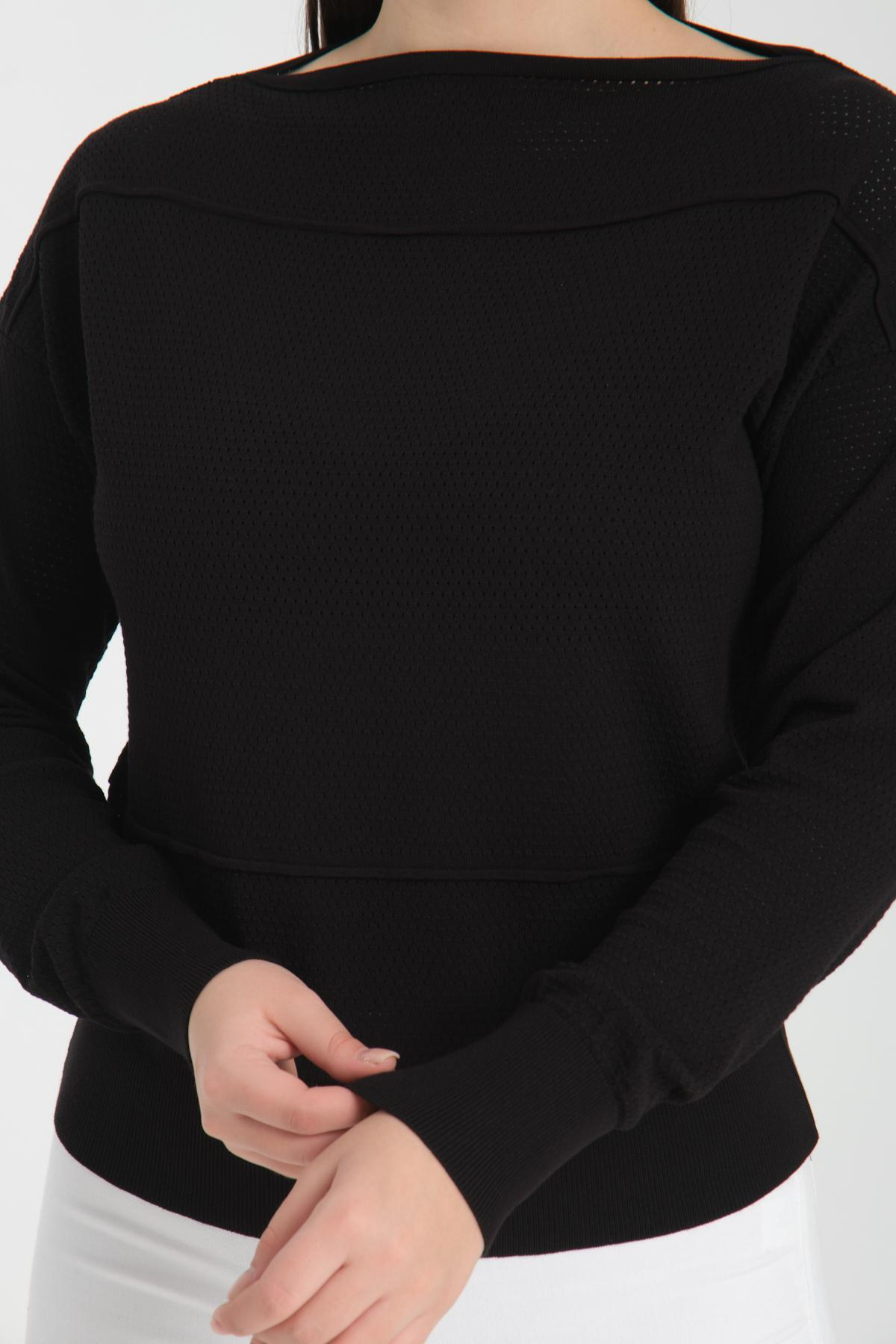 Wholesale Women Black Openwork Boat Neck Knit Blouse 722661