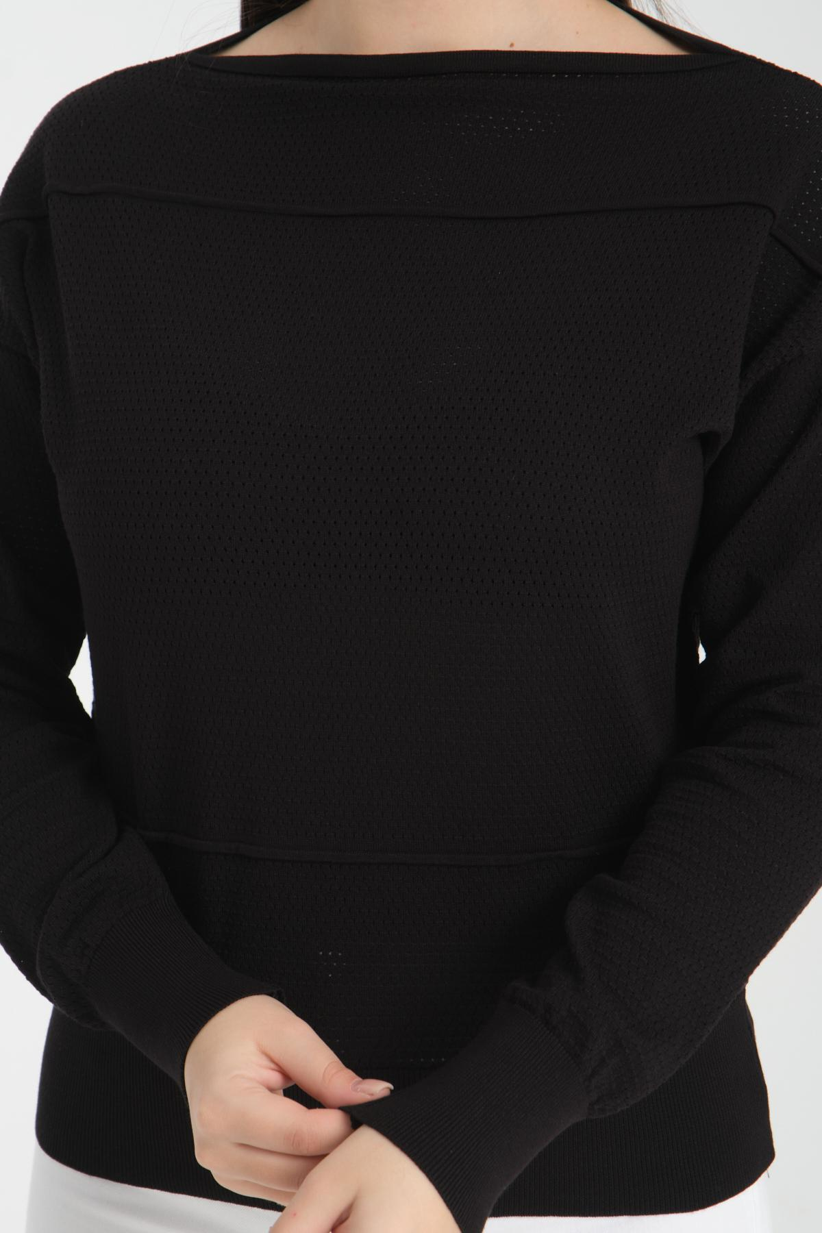 Wholesale Women Black Openwork Boat Neck Knit Blouse 722661
