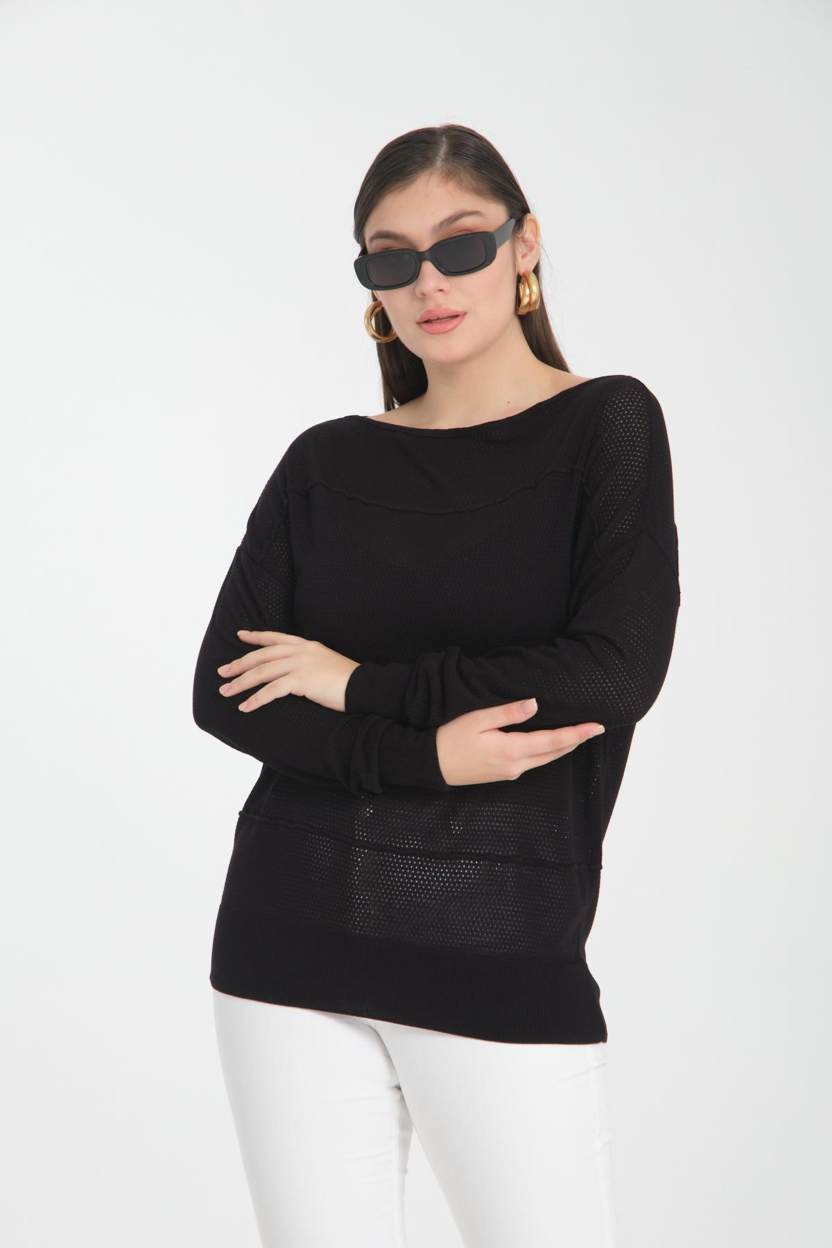 Wholesale Women Black Openwork Boat Neck Knit Blouse 722630
