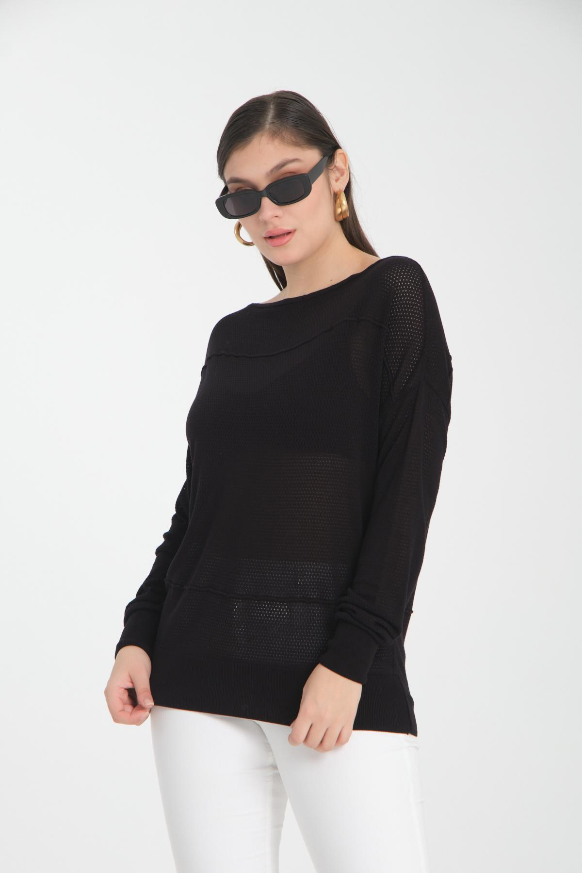 Wholesale Women Black Openwork Boat Neck Knit Blouse 722630
