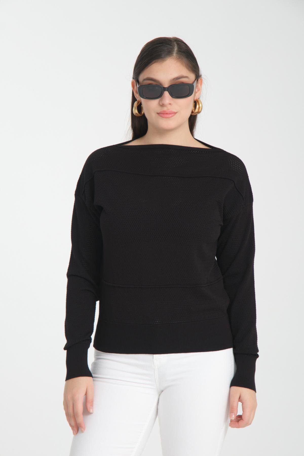 Wholesale Women Black Openwork Boat Neck Knit Blouse 722661