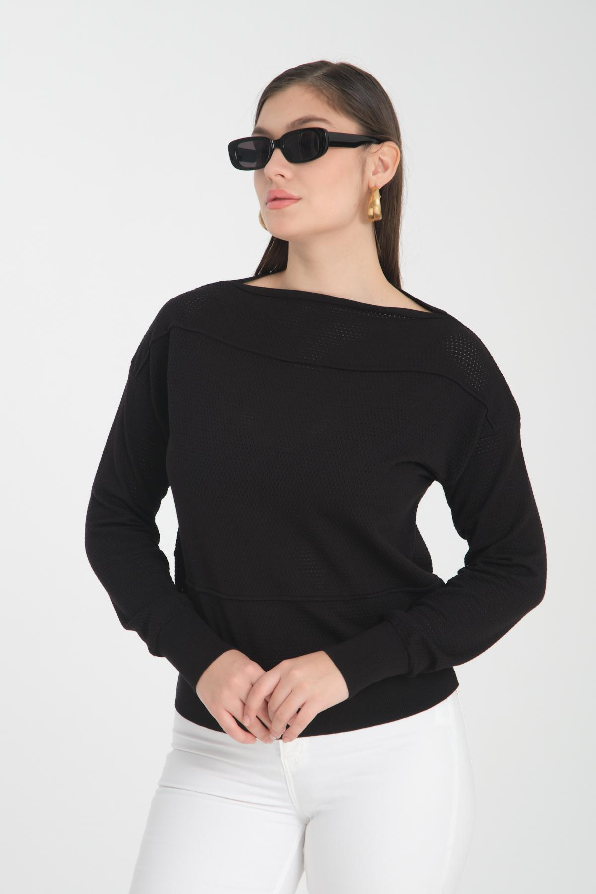 Wholesale Women Black Openwork Boat Neck Knit Blouse 722661