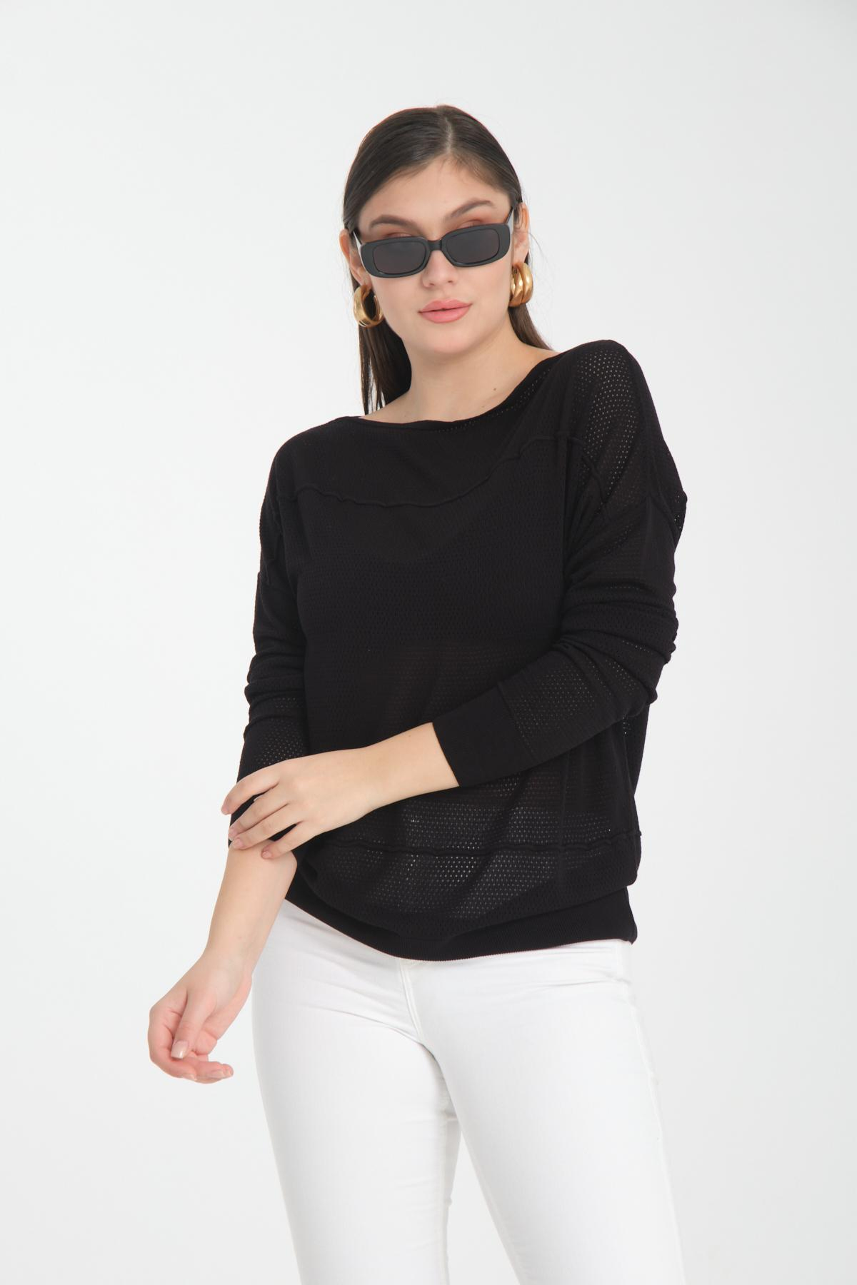 Wholesale Women Black Openwork Boat Neck Knit Blouse 722630