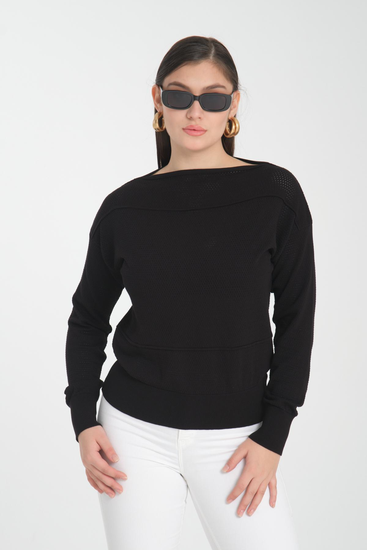 Wholesale Women Black Openwork Boat Neck Knit Blouse 722661