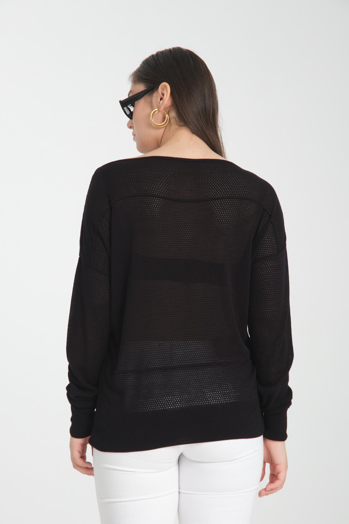Wholesale Women Black Openwork Boat Neck Knit Blouse 722630