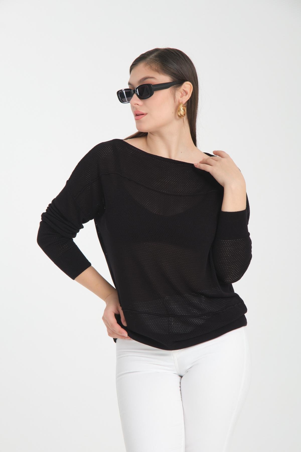 Wholesale Women Black Openwork Boat Neck Knit Blouse 722630