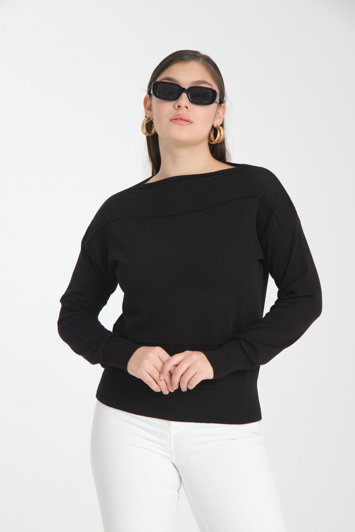 Wholesale Women Black Openwork Boat Neck Knit Blouse 722661
