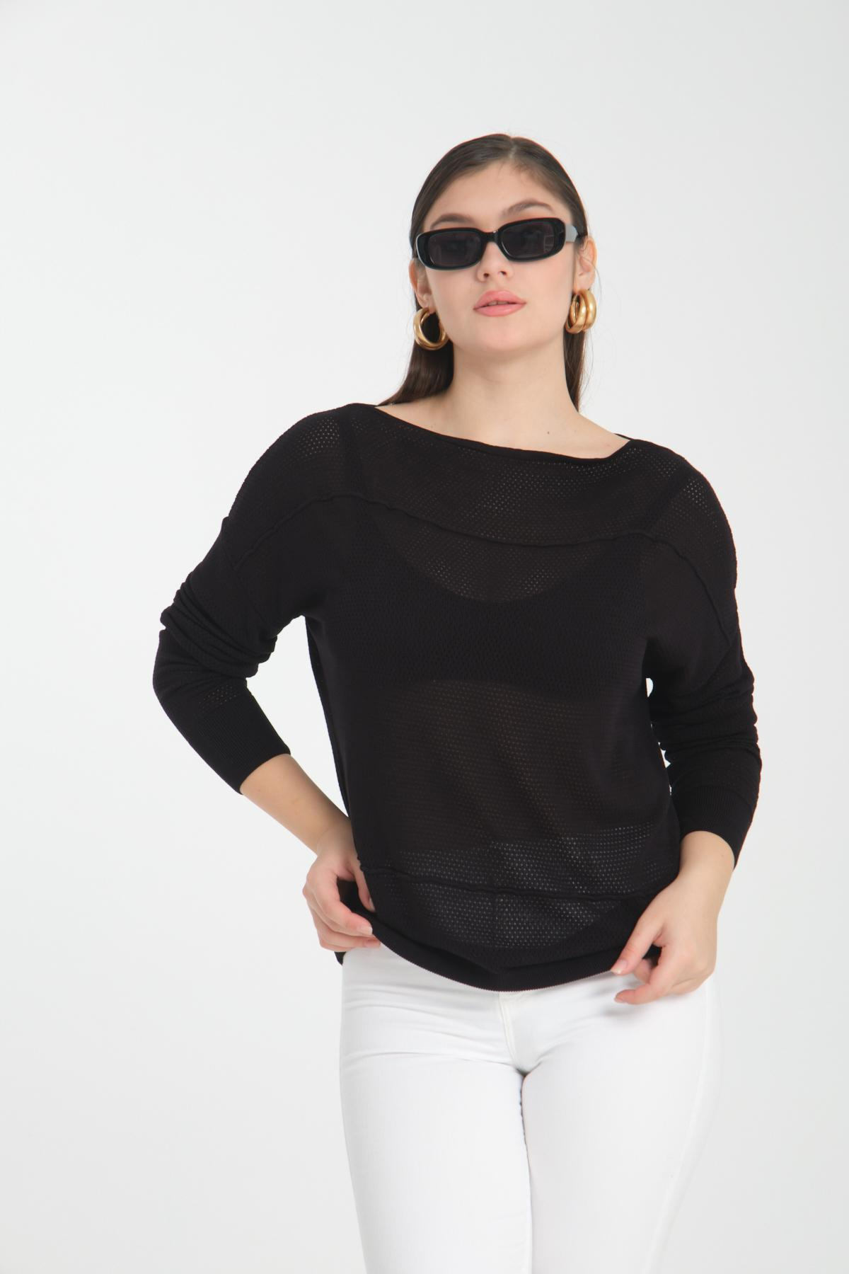 Wholesale Women Black Openwork Boat Neck Knit Blouse 722630